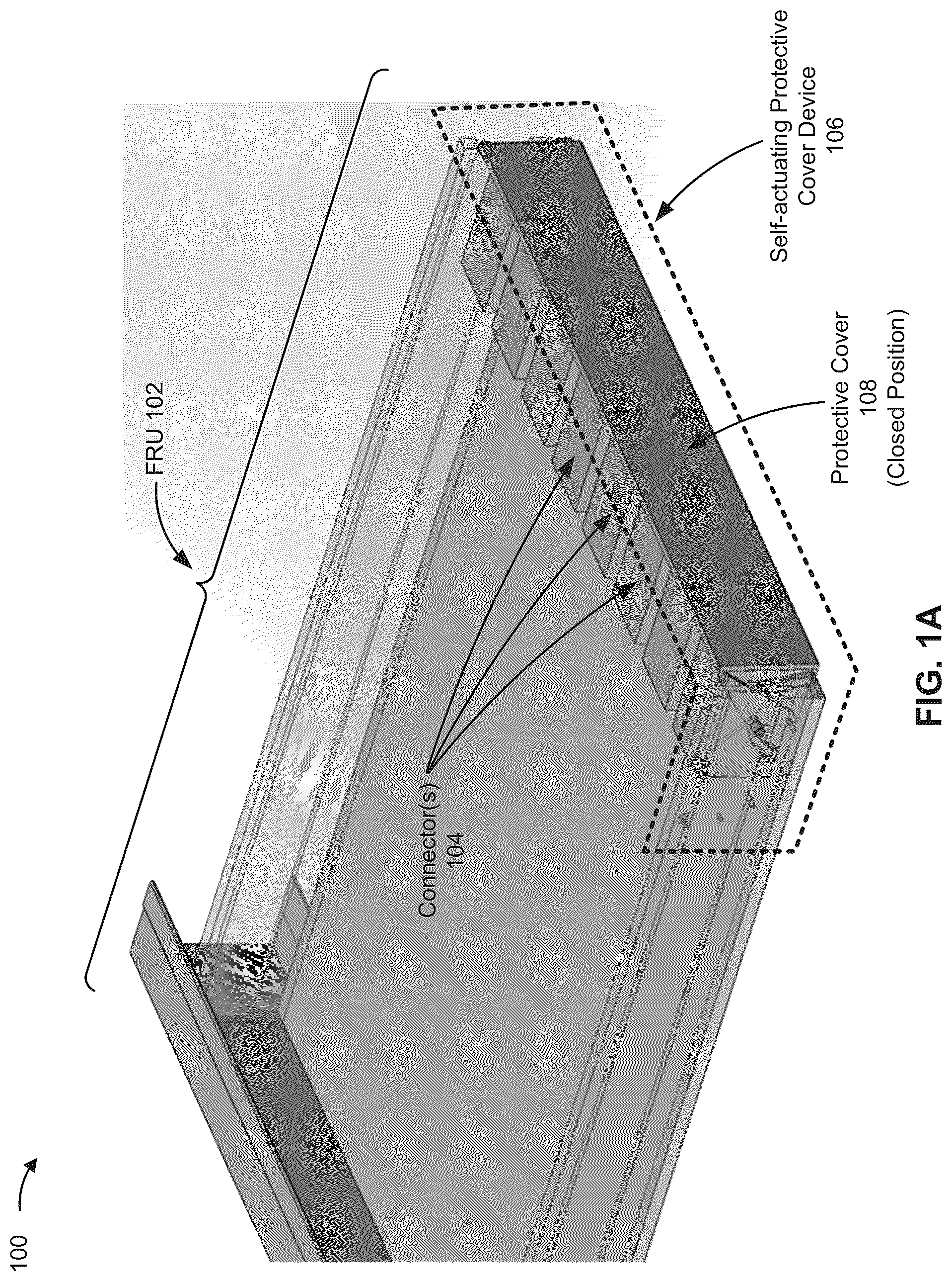 Patent US12328836 Figure 1 – Self-actuating protective cover device for connectors of a field-replaceable unit