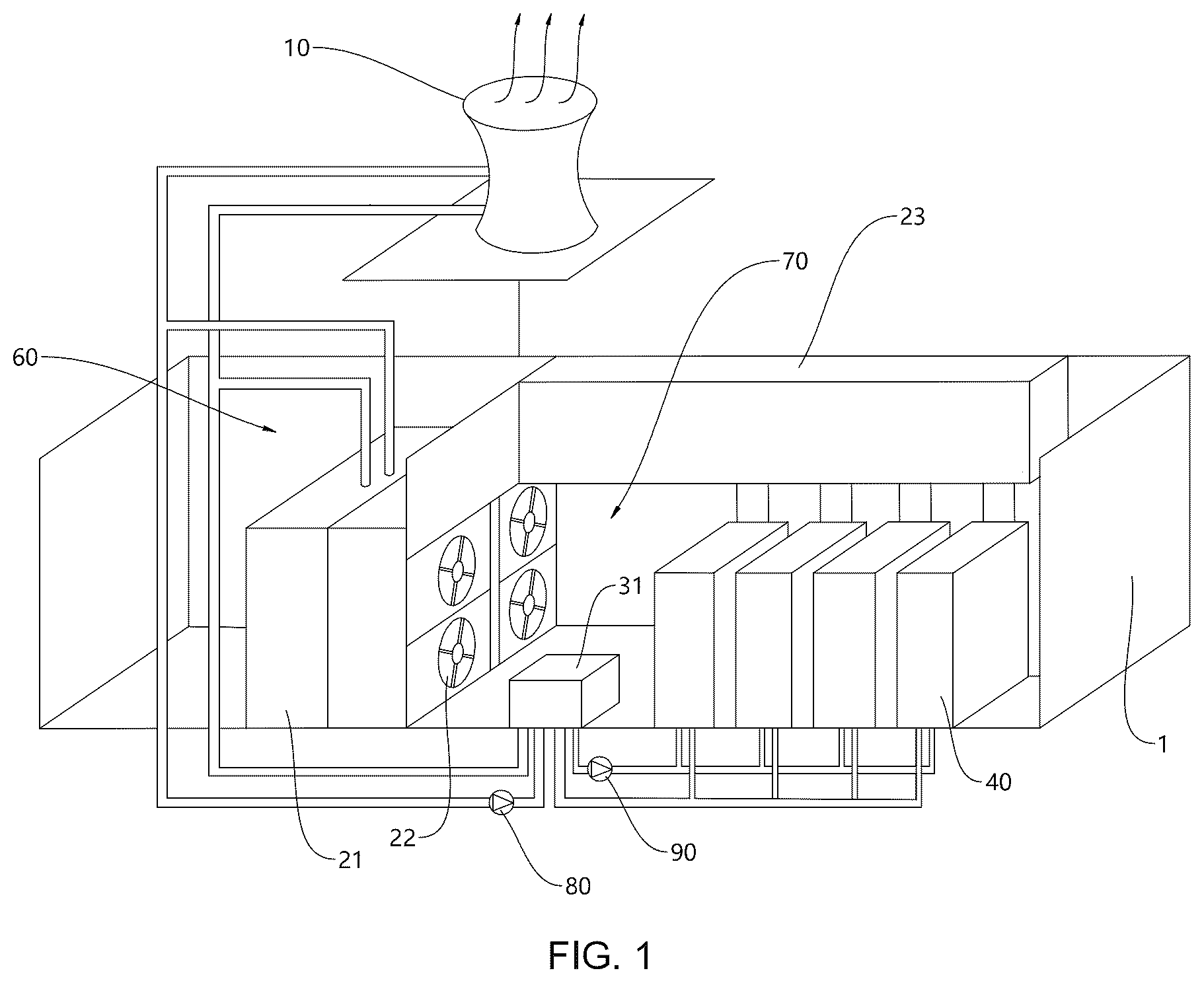 Patent US12328850 — Data center cooling system and data center — Figure 1
