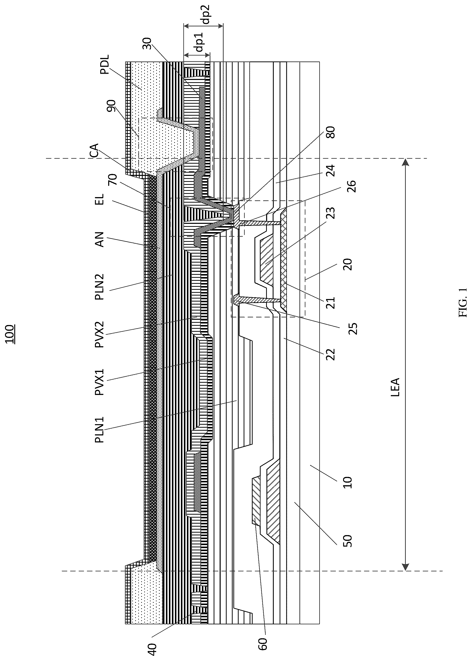 Patent US12328993 — Display substrate with multiple via holes, electronic device, and method of manufacturing the display substrate — Figure 1