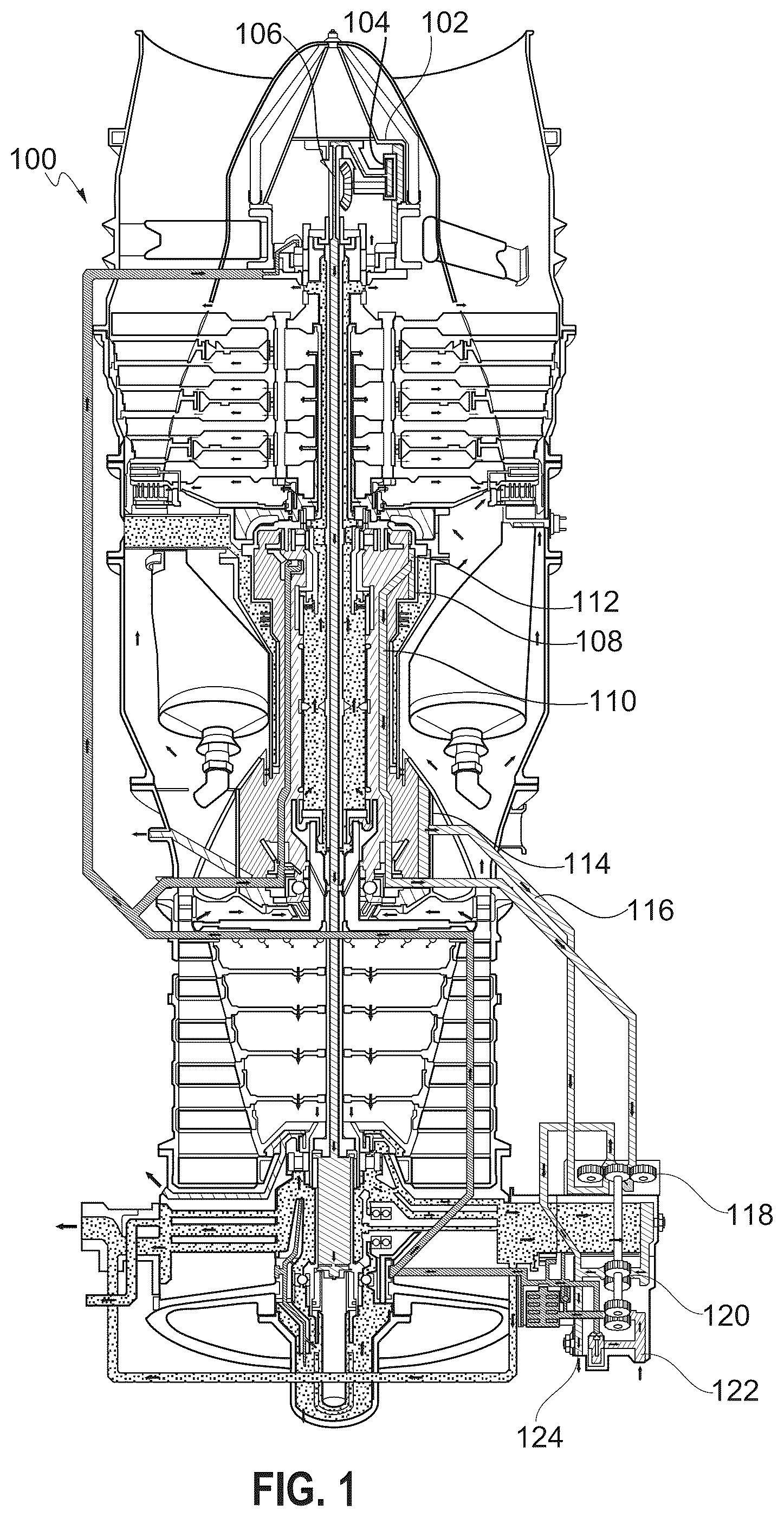 Patent US12331667 — Flow draining enhancement system for engine sump cavities — Figure 1