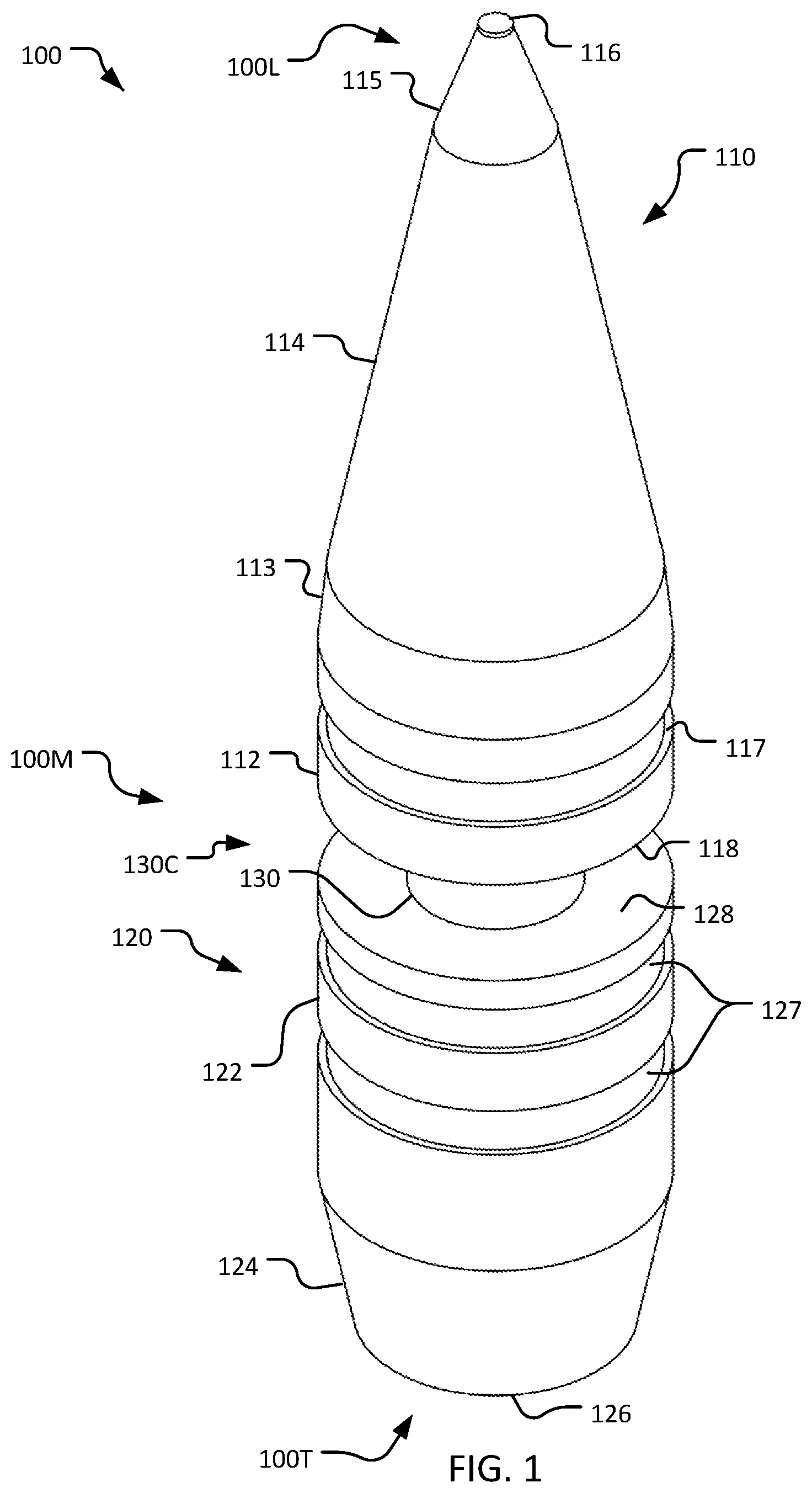 Patent US12332035 — Customizable projectile designed to tumble — Figure 1