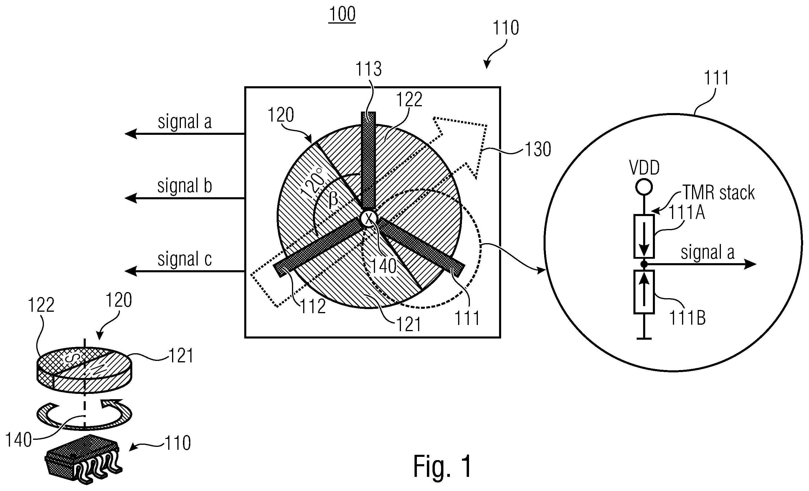 Patent US12332090 Figure 1 – Magnetic angle sensor with symmetrical geometric arrangement