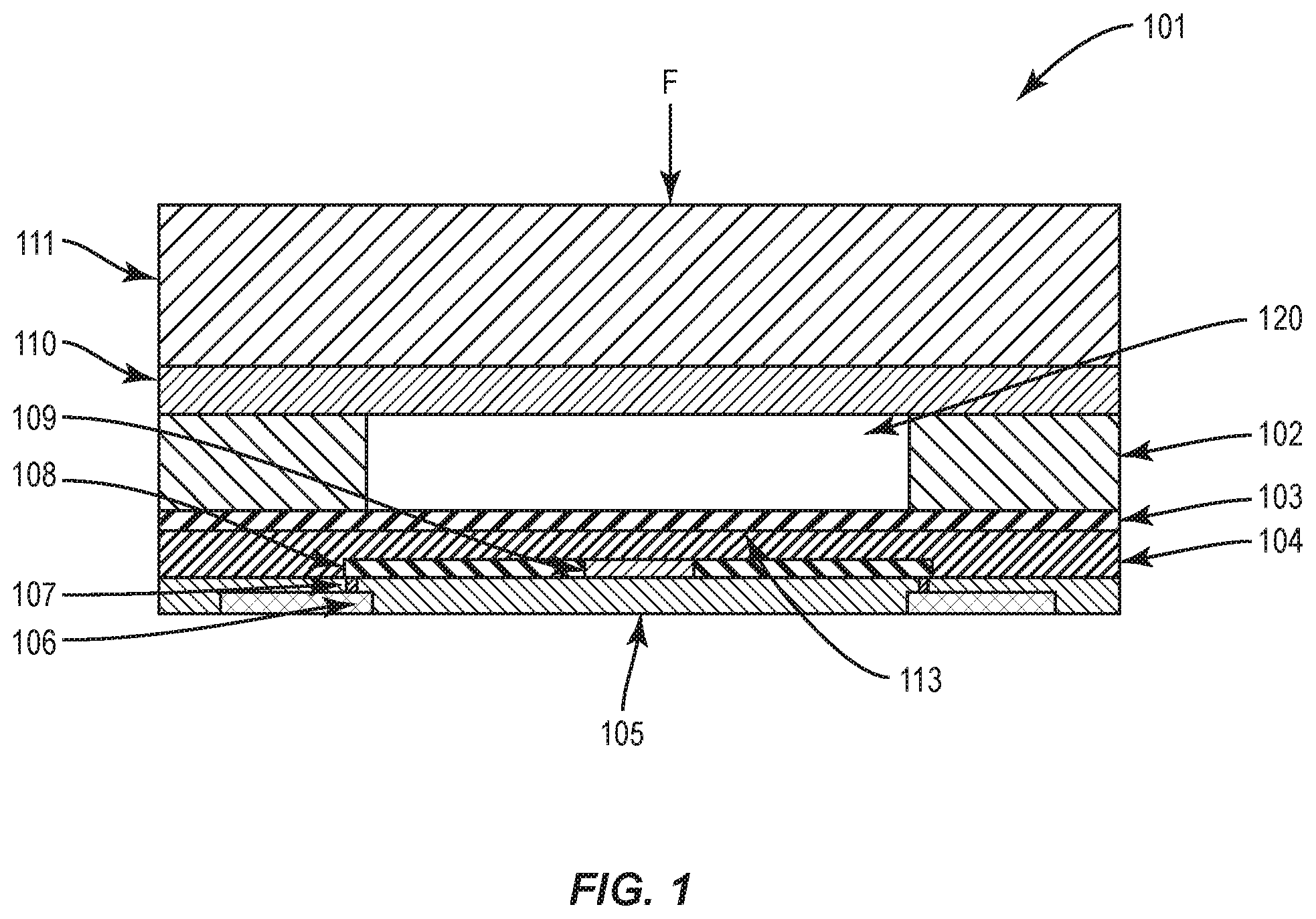 Patent US12332127 — Sealed force sensor with etch stop layer — Figure 1