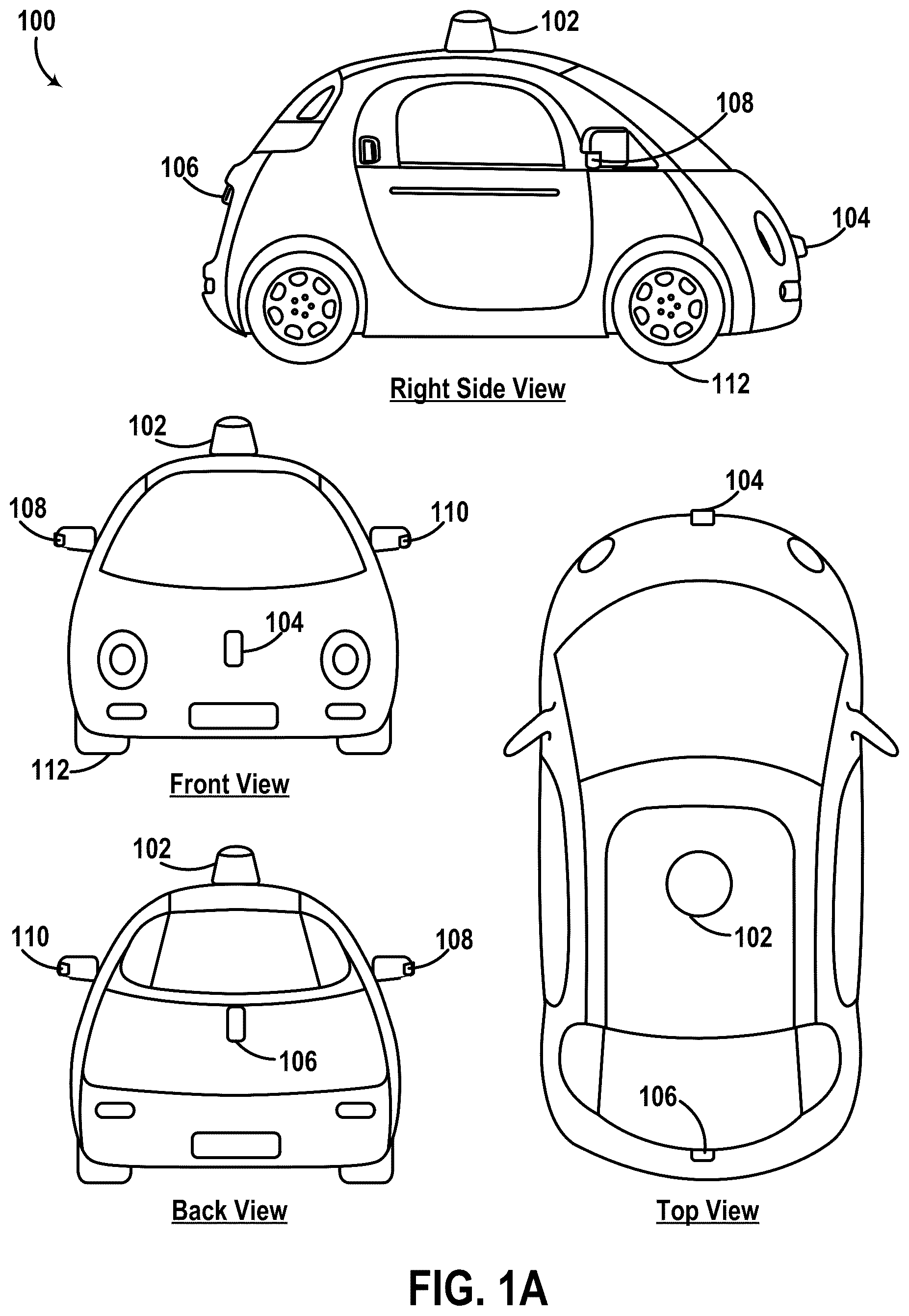 Patent US12332379 Figure 1 – Vehicle with multiple light detection and ranging devices (LIDARs)