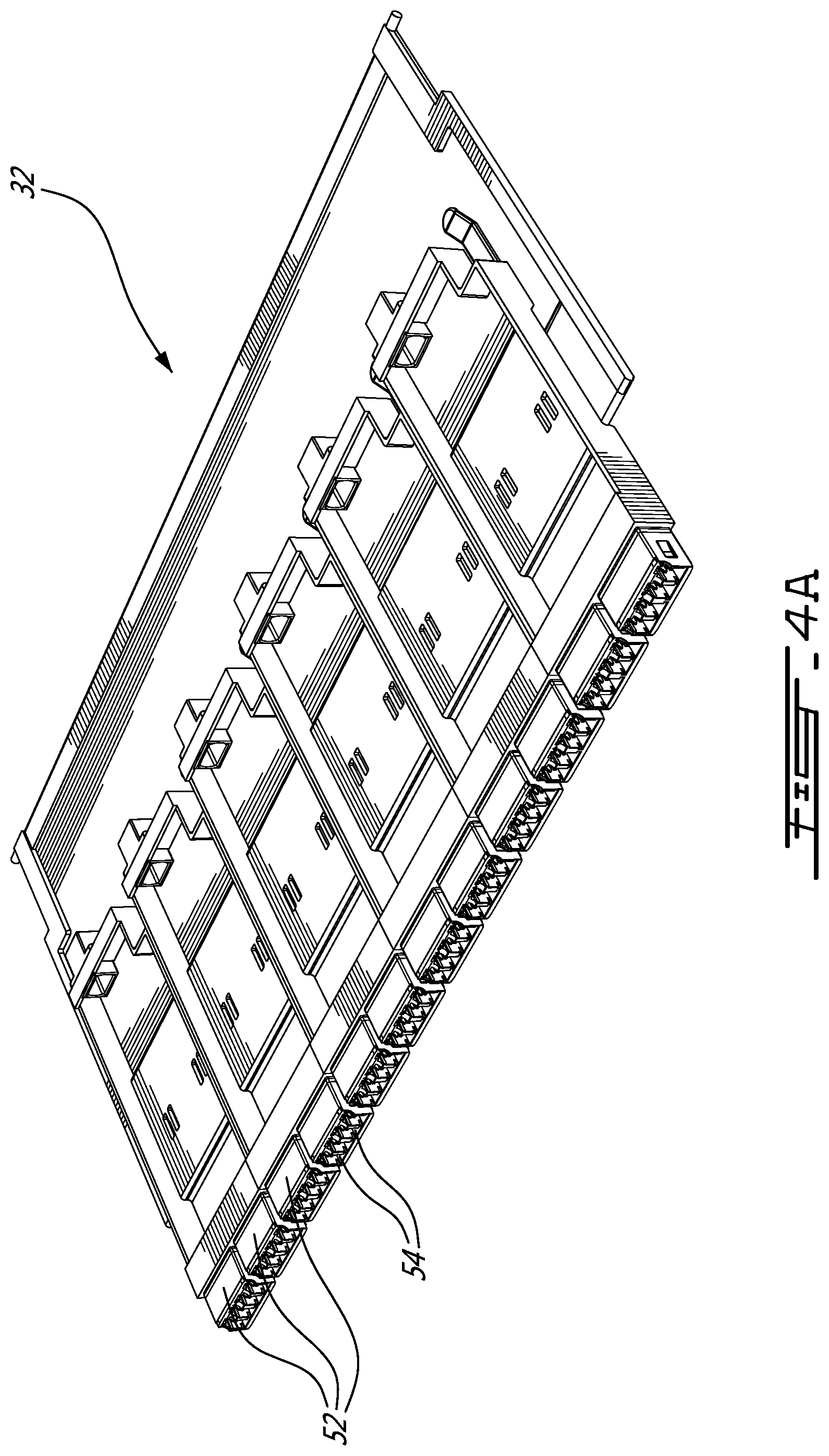 Patent US12332491 Figure 4 – Tray system for providing modular cassette configurations in a fiber optic management system