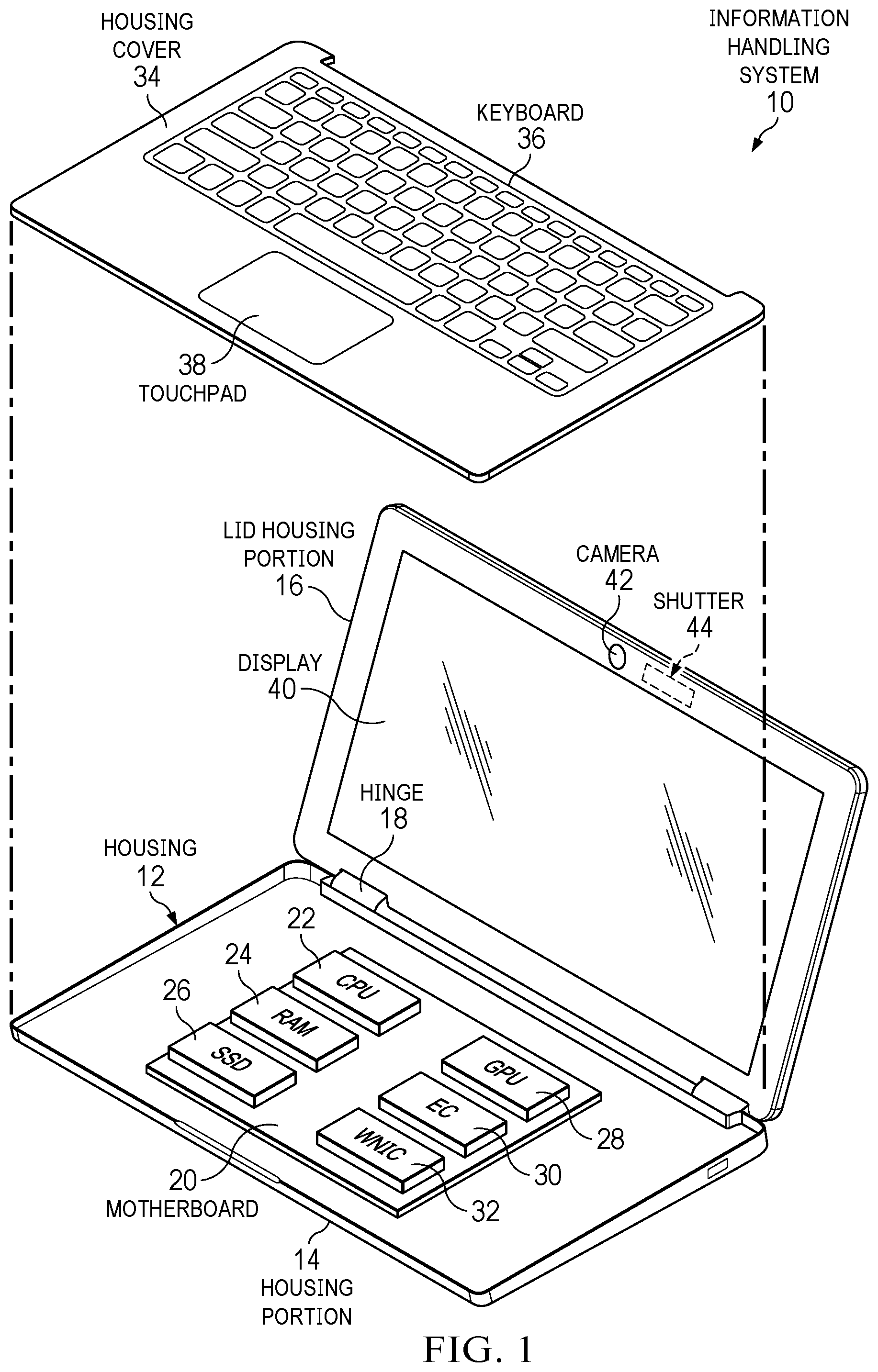 Patent US12332560 — Information handling system camera shutter with semi-automatic action — Figure 1