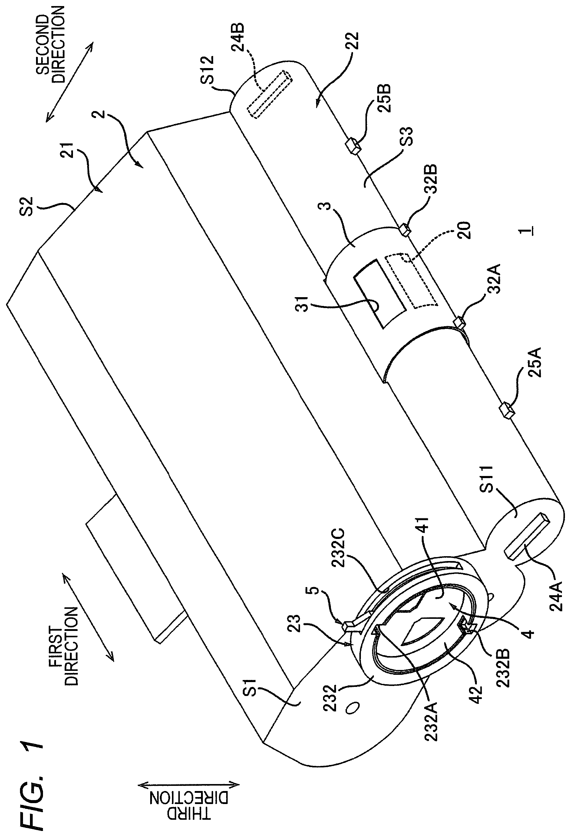 Patent US12332582 — Cartridge having rotatable reception shutter, cartridge having lever for opening and closing reception shutter, and method of supplying toner — Figure 1