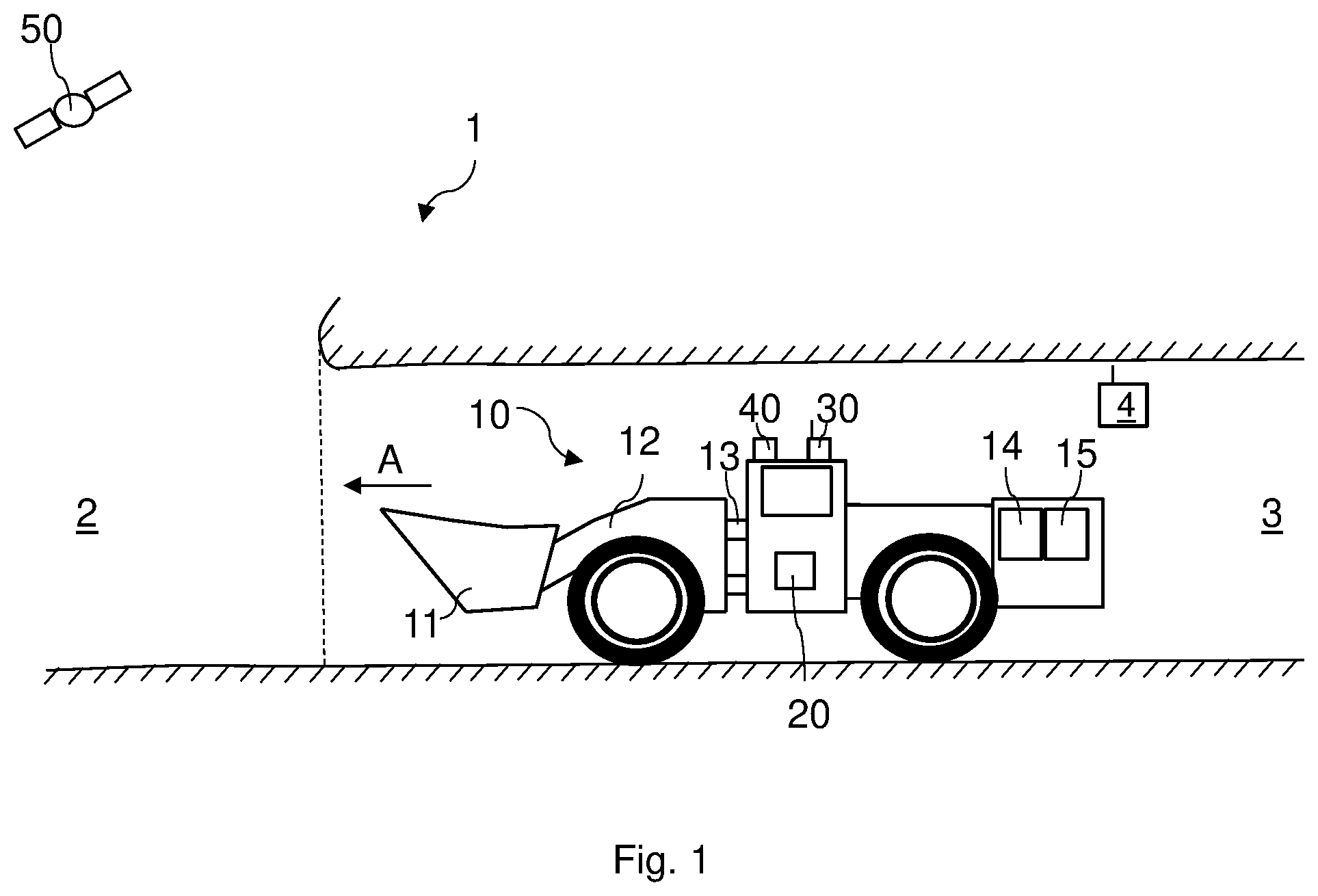 Patent US12332654 — Underground worksite vehicle positioning control — Figure 1