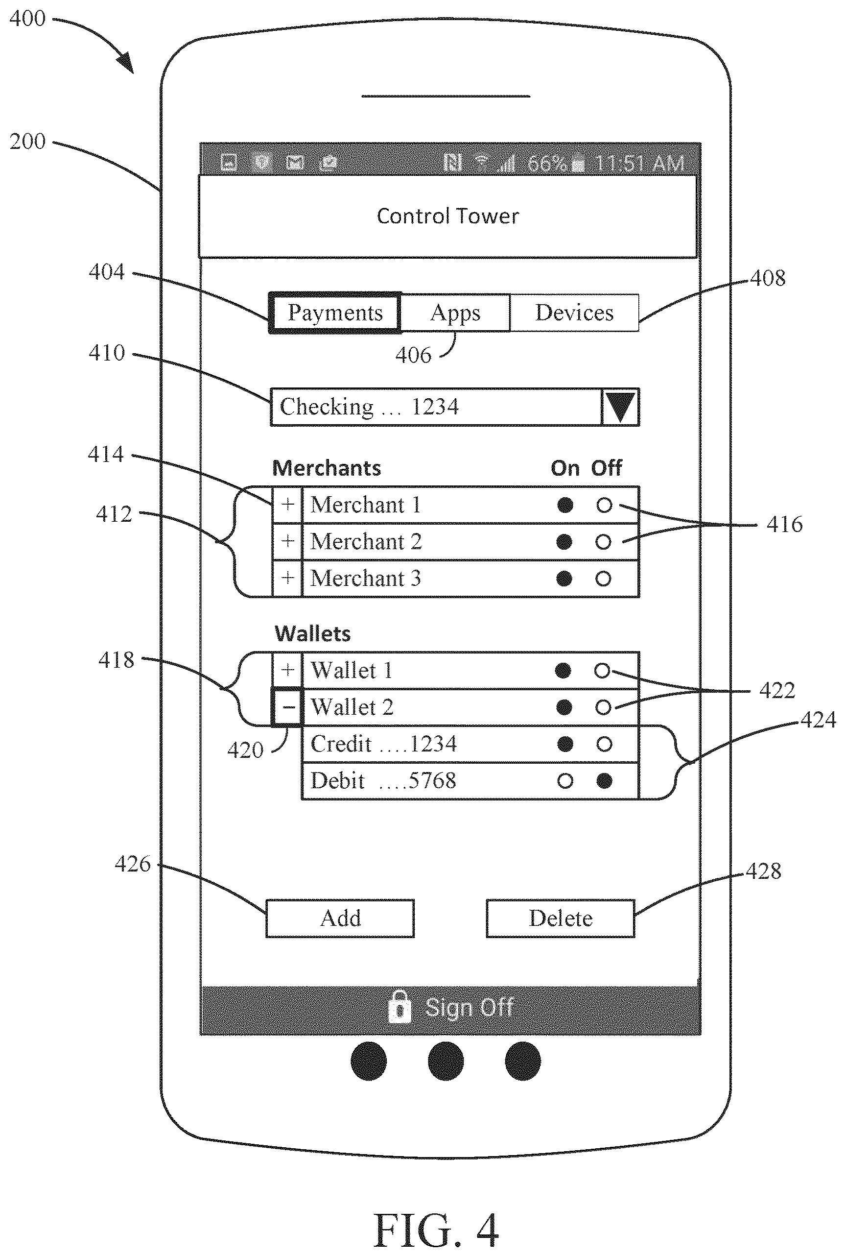 Patent US12333047 Figure 4 – Scrubbing account data accessed via links to applications or devices