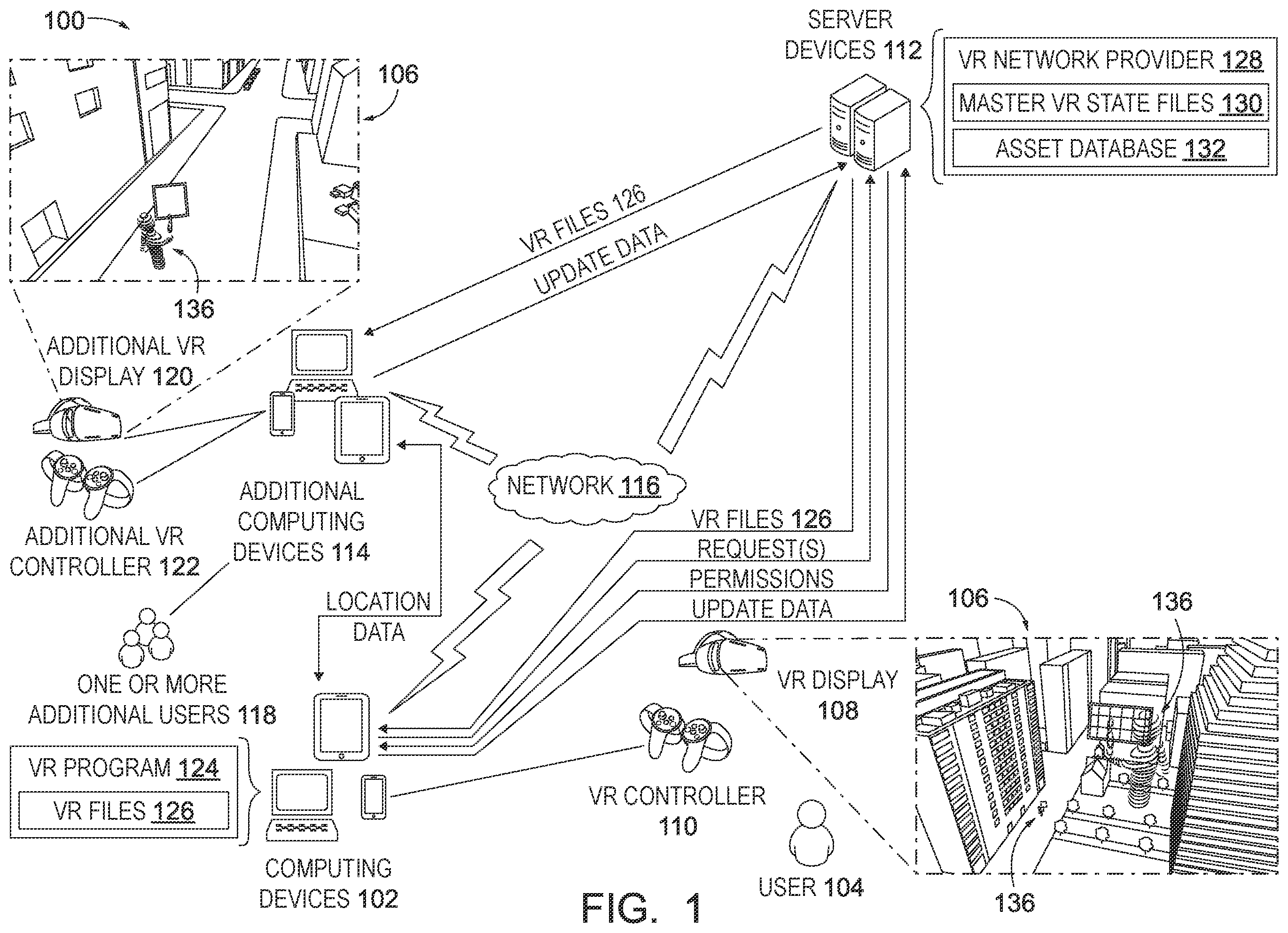 Patent US12333061 — Technological infrastructure for enabling multi-user collaboration in a virtual reality environment — Figure 1
