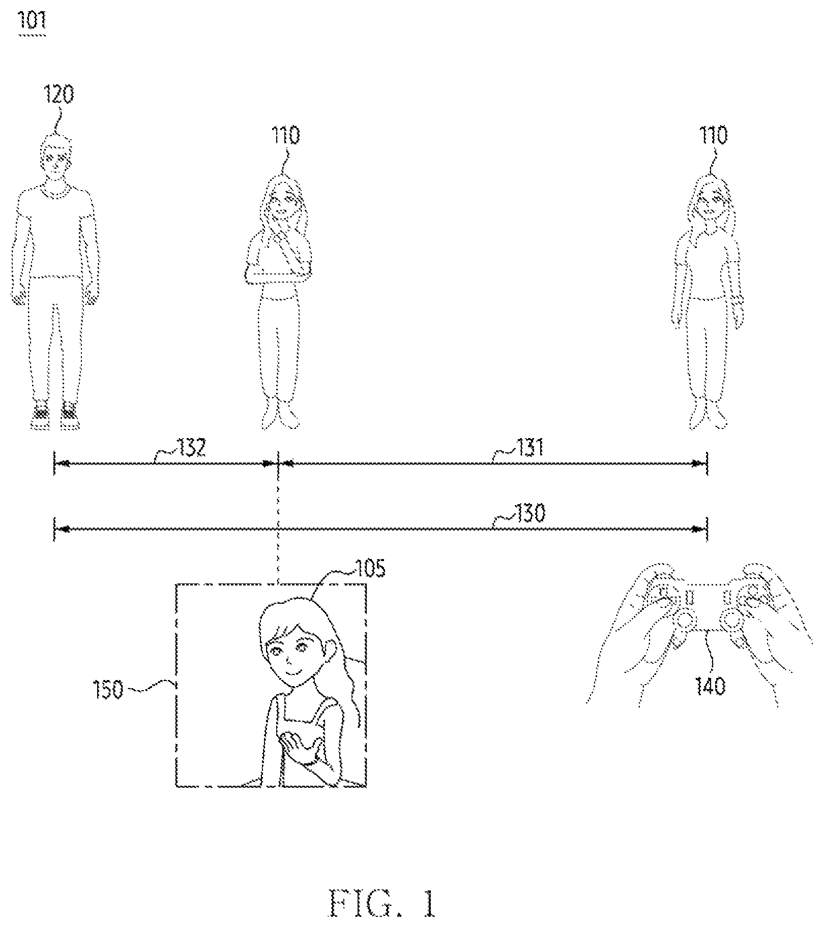 Patent US12333063 — Electronic device for controlling virtual object based on distance between virtual objects and method thereof — Figure 1