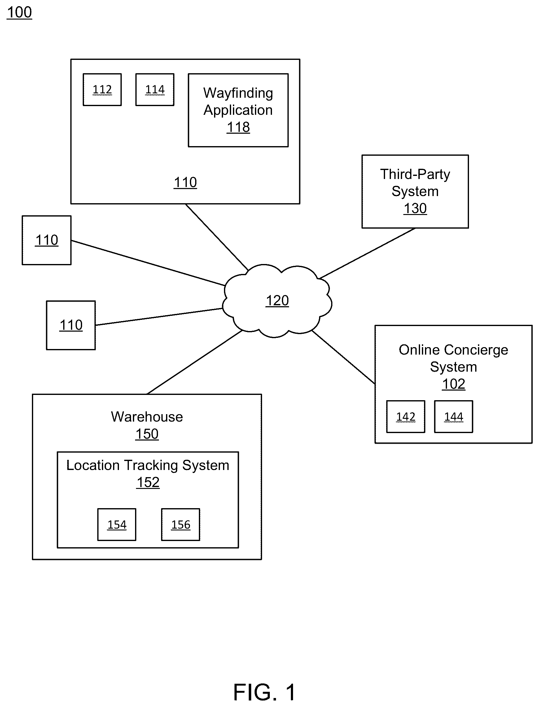 Patent US12333592 Figure 1 – Method, computer program product, and system for displaying augmented reality elements for navigating to a location of an item within a warehouse
