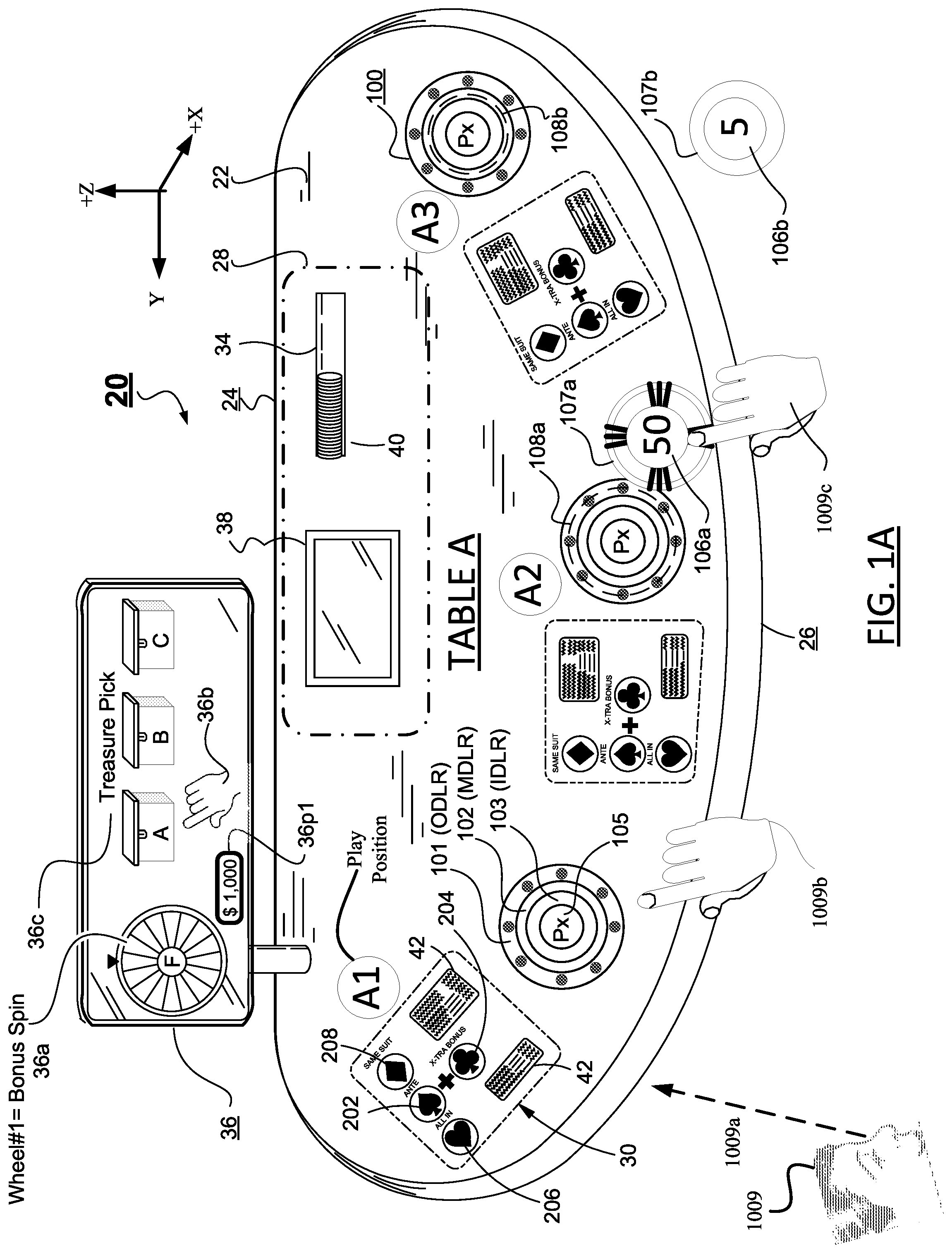 Patent US12333893 — Gaming system with pre-calibrated sensor for detecting chip and finger placement — Figure 1