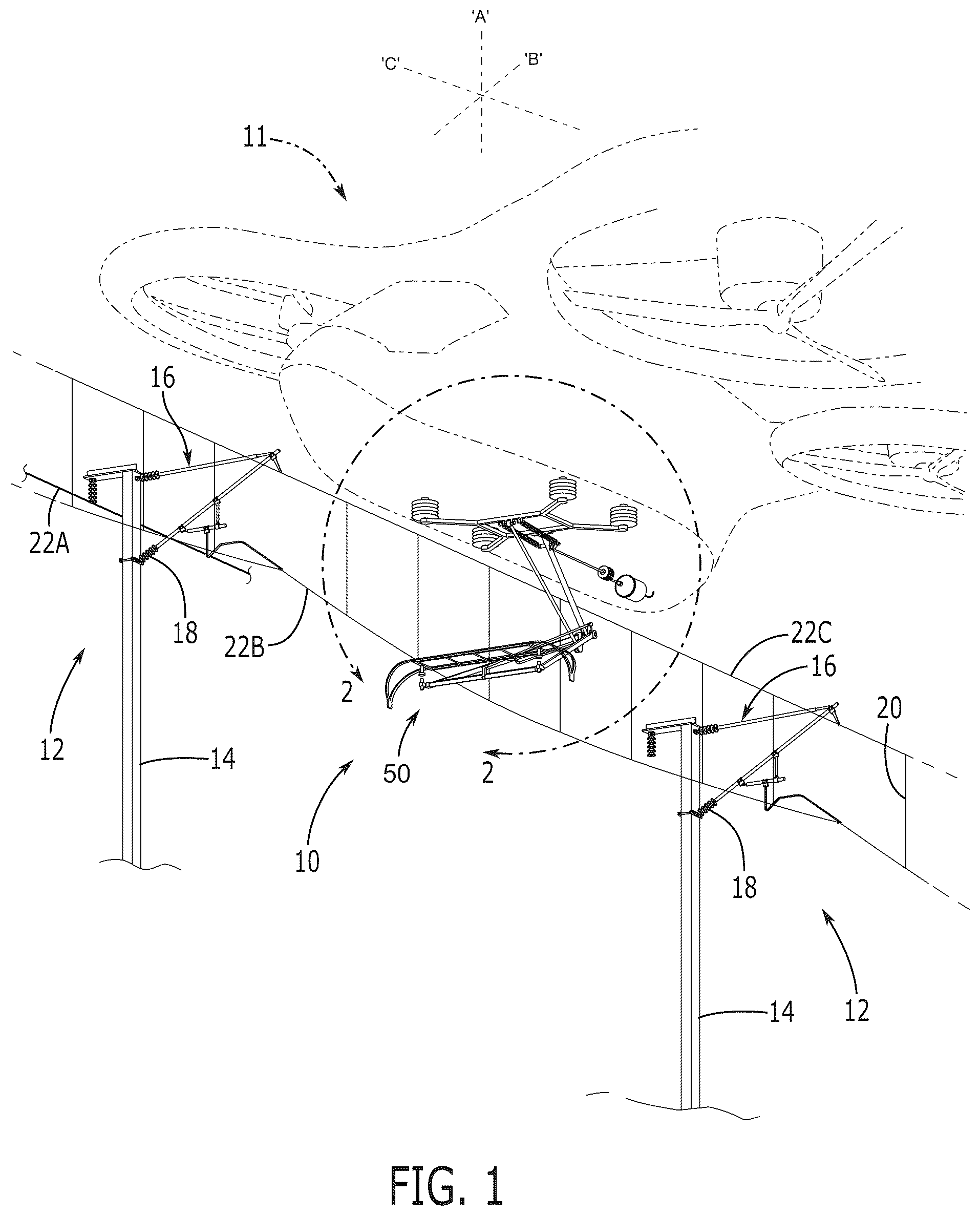 Patent US12338010 — System for electrically powered aerial platforms to draw power from ground-based stations — Figure 1