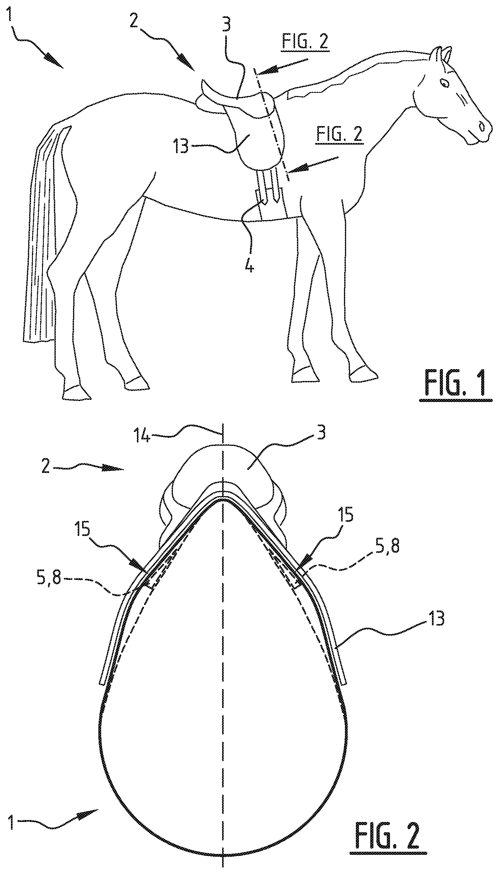 Patent US12338118 Figure 1 – Kit-of-parts configured to adjust a fit of a saddle, saddle of the English saddle type, comprising such a kit-of-parts and method for adjusting a fit of a saddle