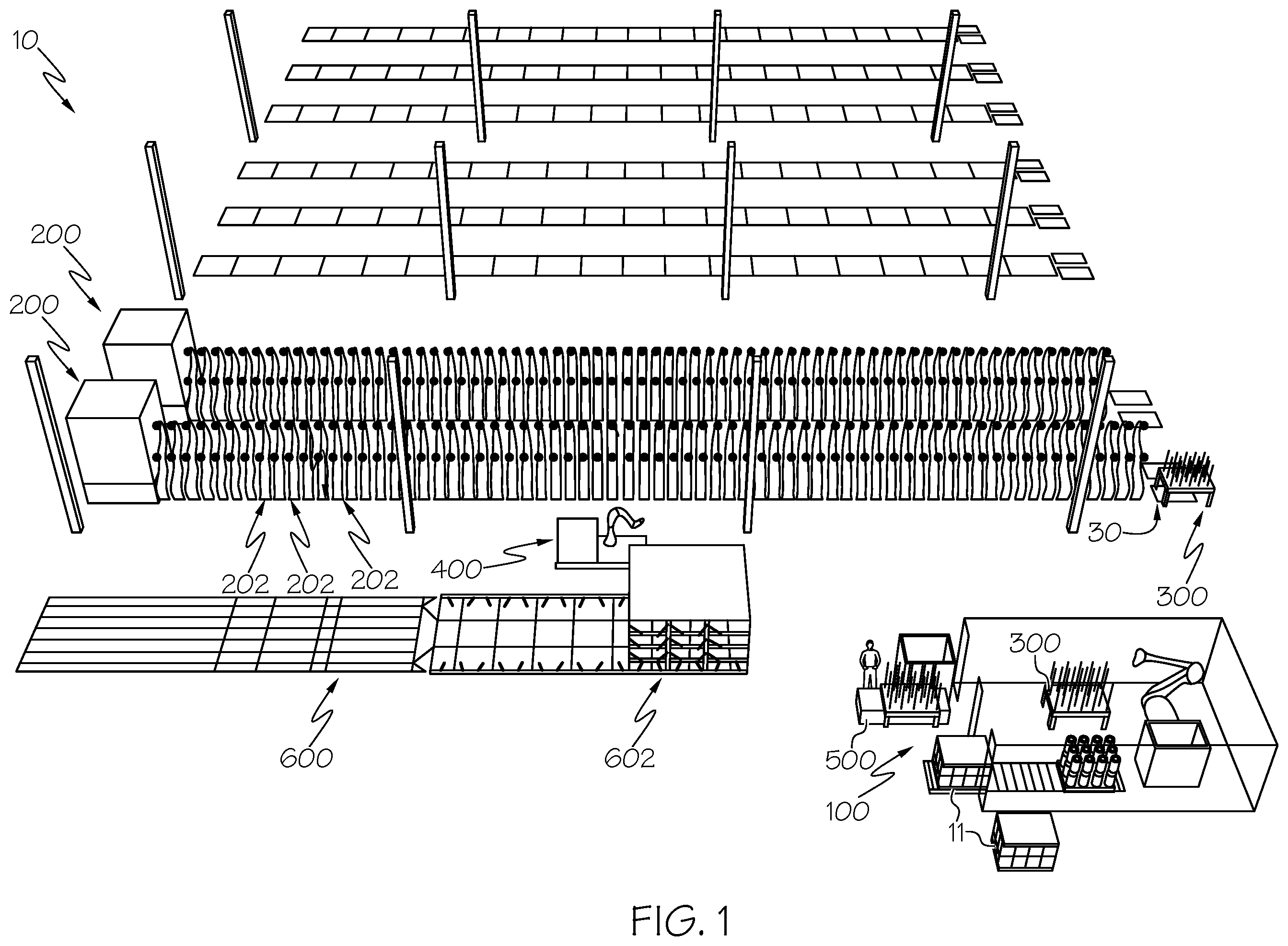 Patent US12338553 Figure 1 – System for handling and processing yarn