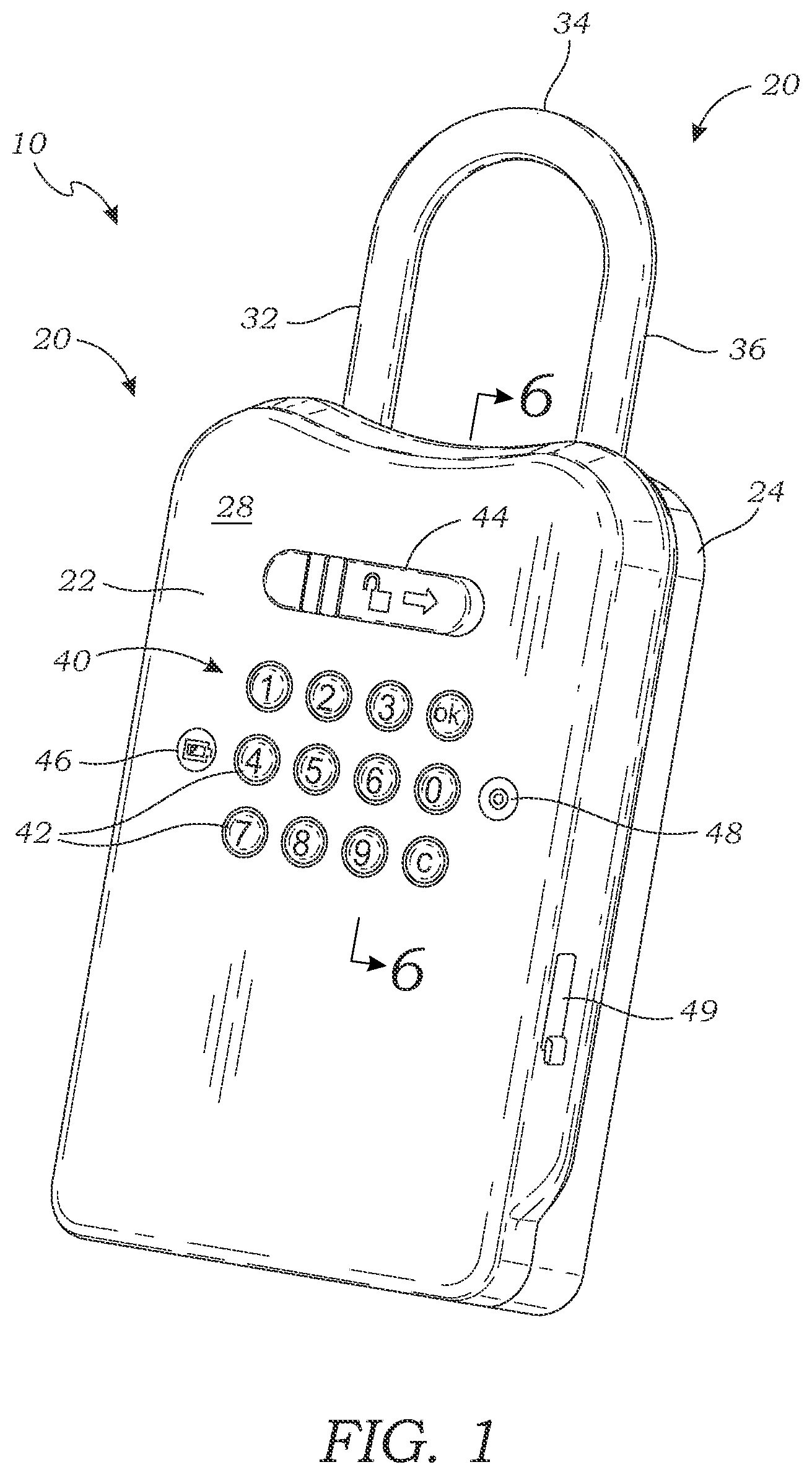 Patent US12338652 Figure 1 – Lockable shackle for a lockbox