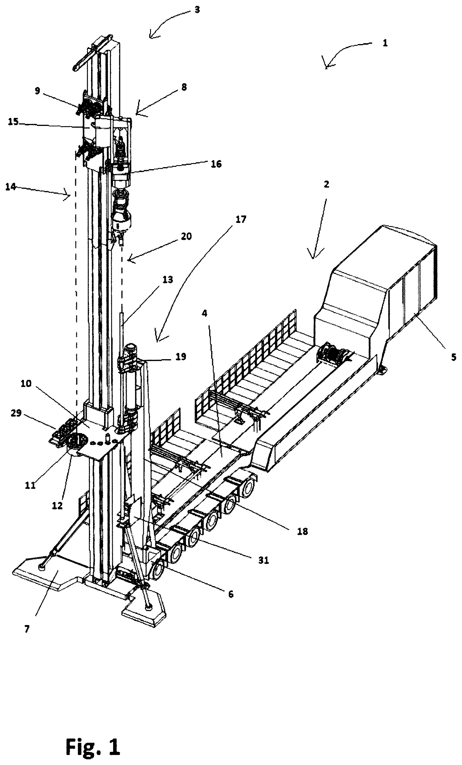 Patent US12338695 — Mobile land rig with a pivotal top drive unit — Figure 1