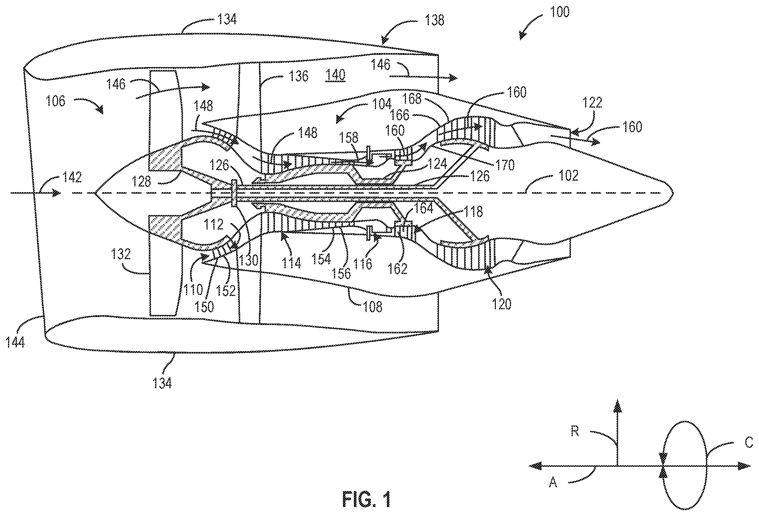 Patent US12338738 — Variable flowpath casings for blade tip clearance control — Figure 1