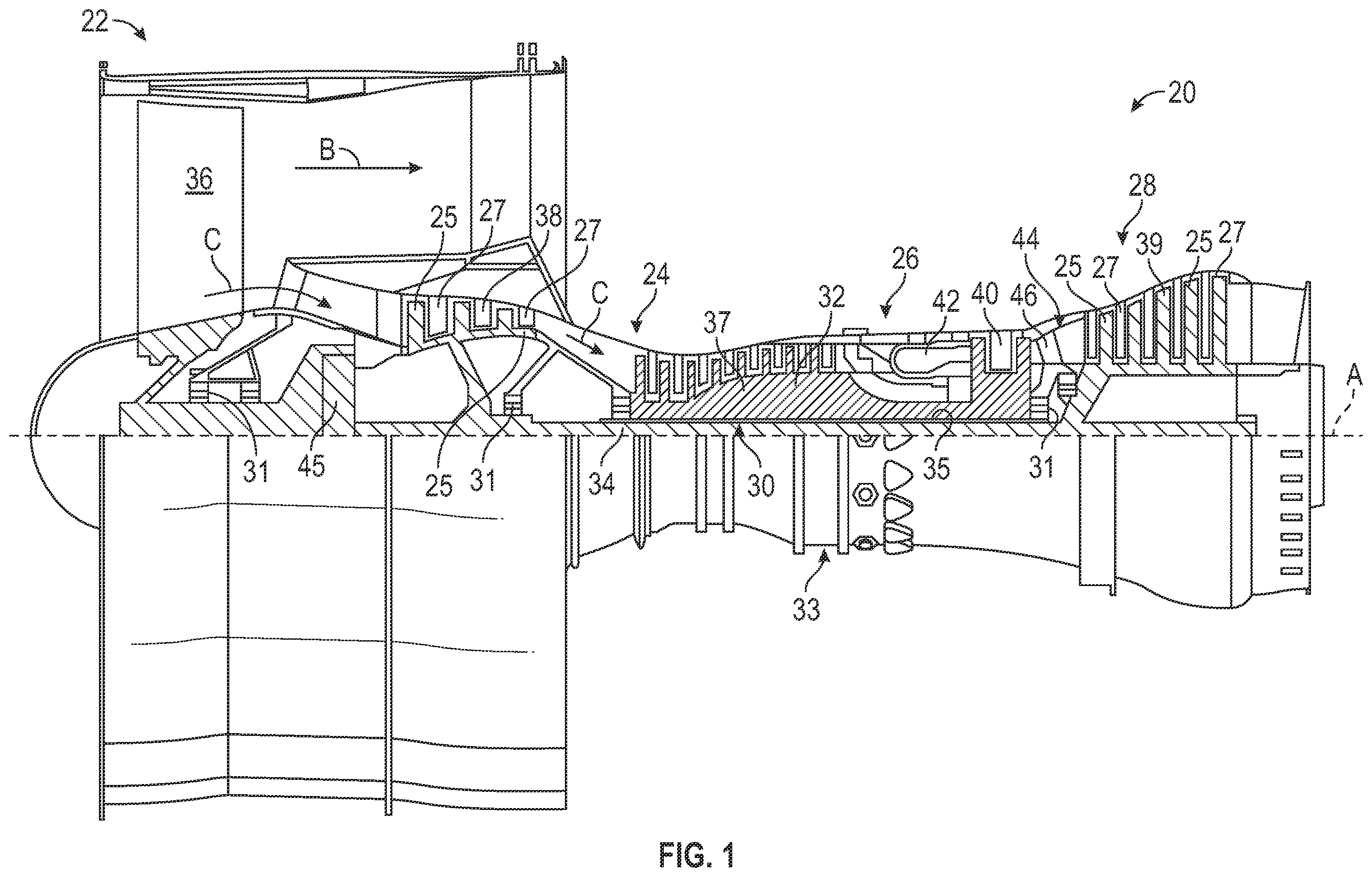 Patent US12338748 — Integrated axial compressor diffuser and high pressure turbine vane assembly — Figure 1