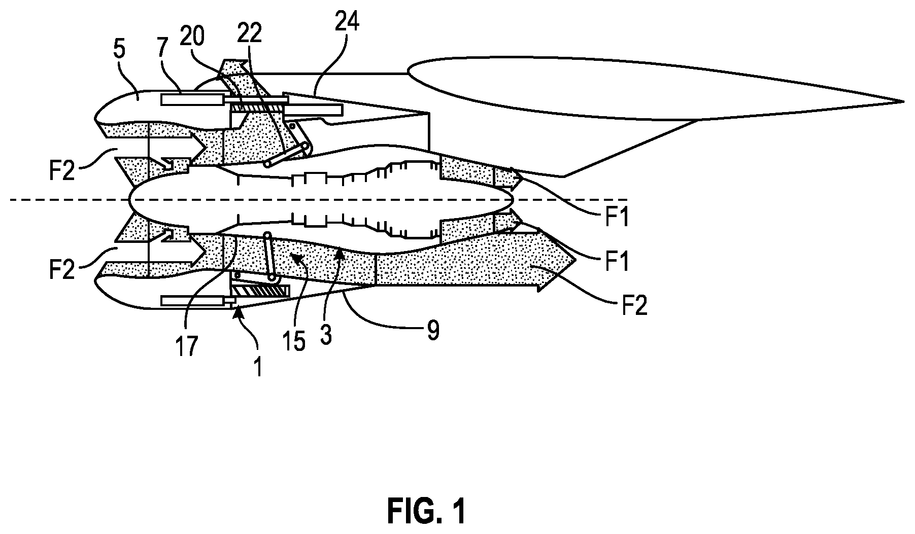 Patent US12338780 Figure 1 – Electro-hydrostatic actuation system for a thrust reverser for an aircraft turbojet engine nacelle
