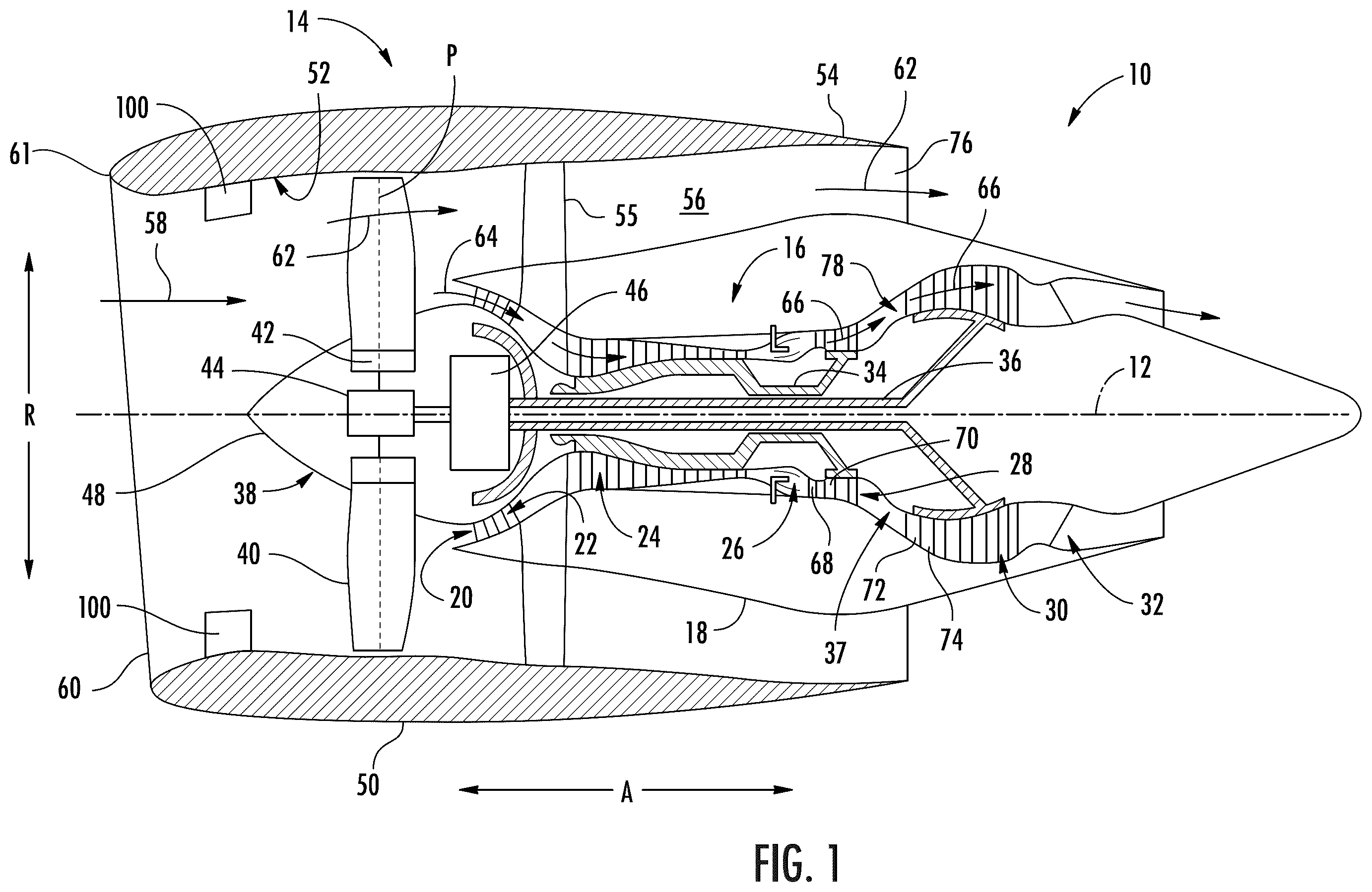 Patent US12338837 — Turbofan engine having angled inlet pre-swirl vanes — Figure 1
