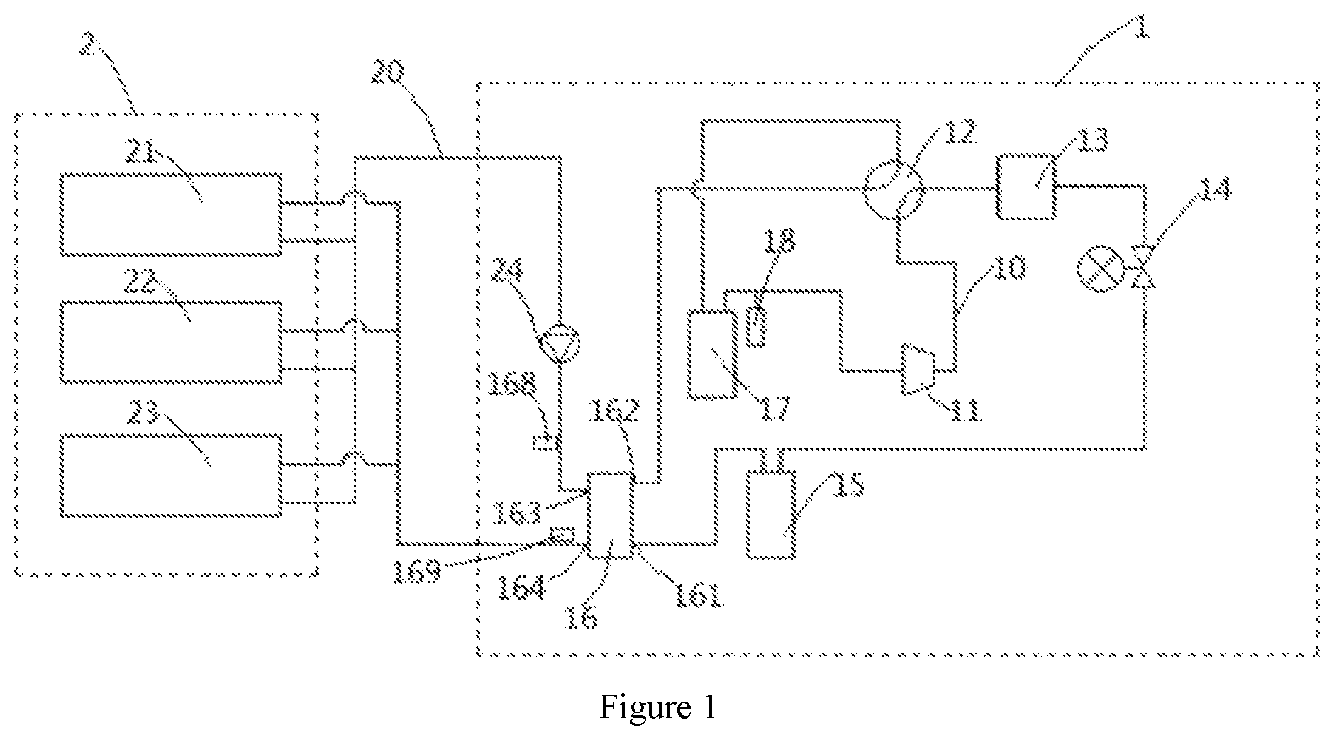 Patent US12339072 — Heat exchanging system and method for determining if the flow of cooling medium is too low — Figure 1