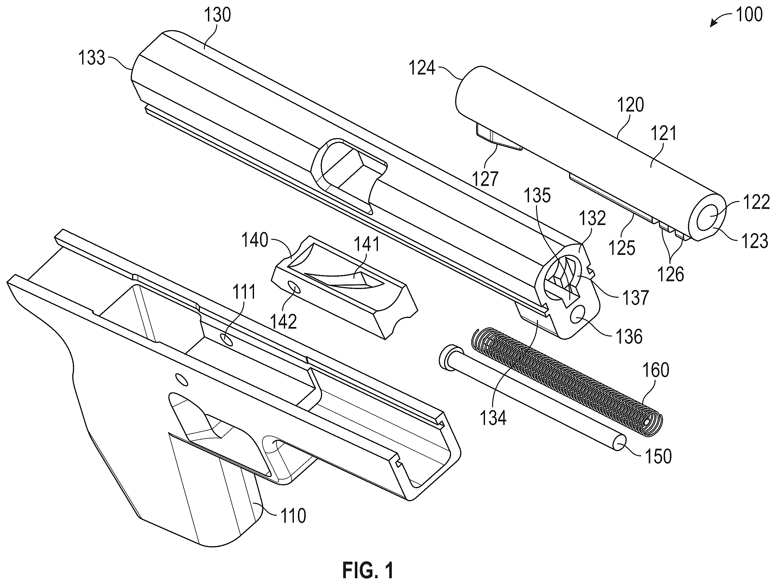 Patent US12339086 — Hydraulic dampened high mass rotary barrel recoil system for handgun — Figure 1