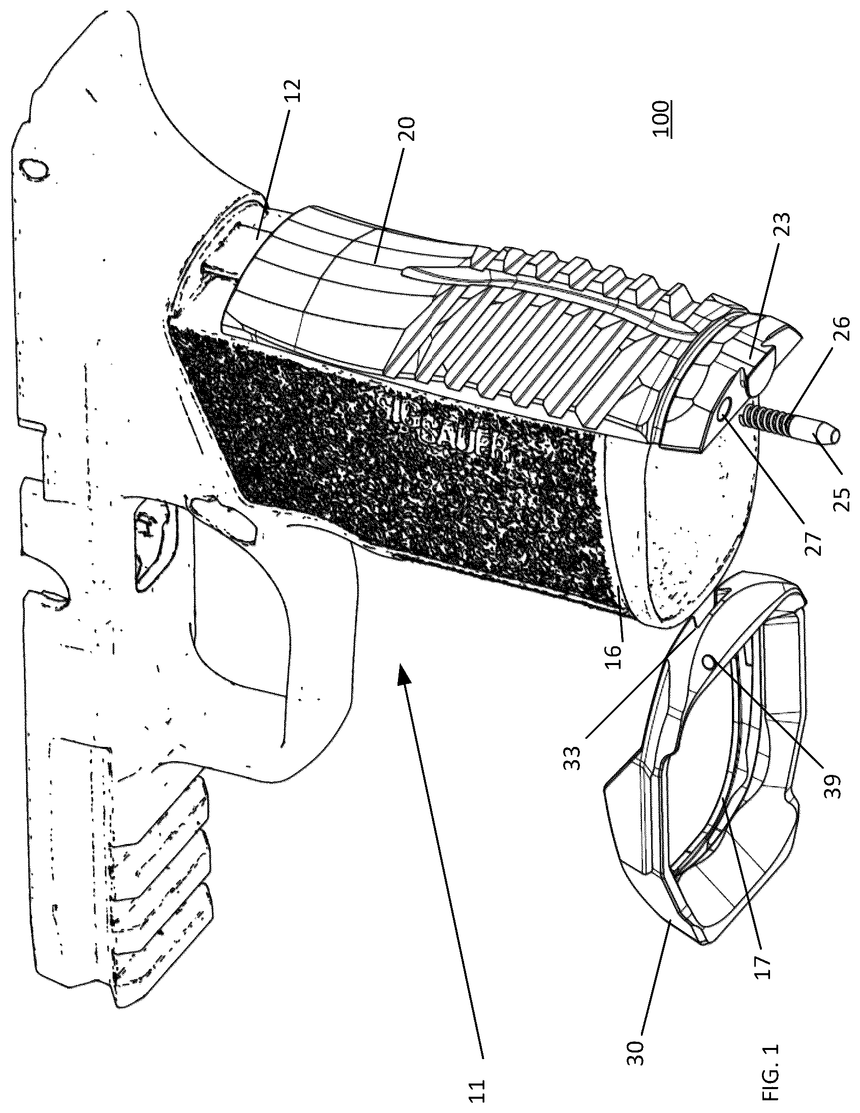 Patent US12339094 — Attaching a grip attachment or other attachment in a recoil environment at threadless region(s) — Figure 1