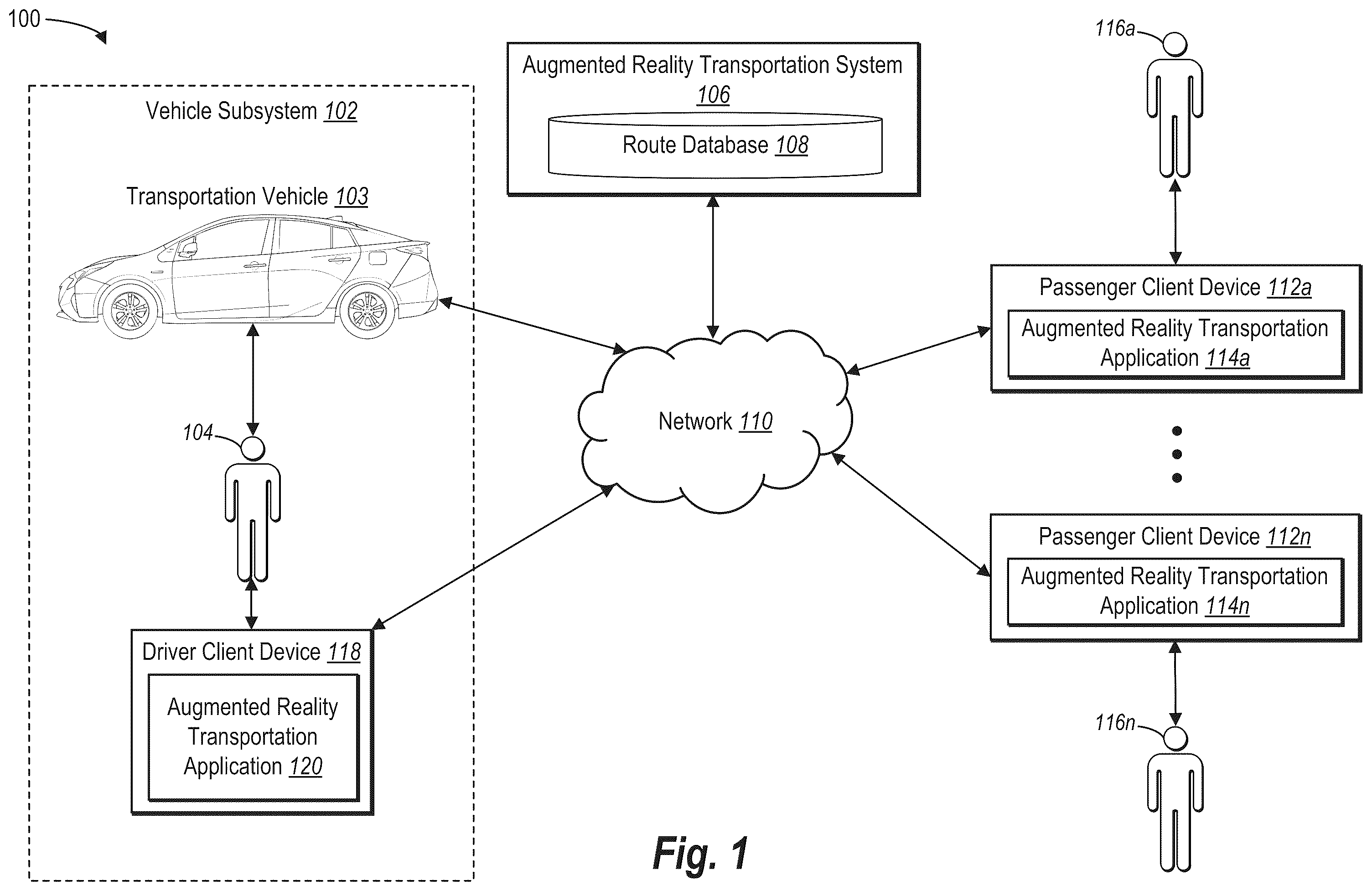 Patent US12339134 — Providing information to users of a transportation system using augmented reality elements — Figure 1
