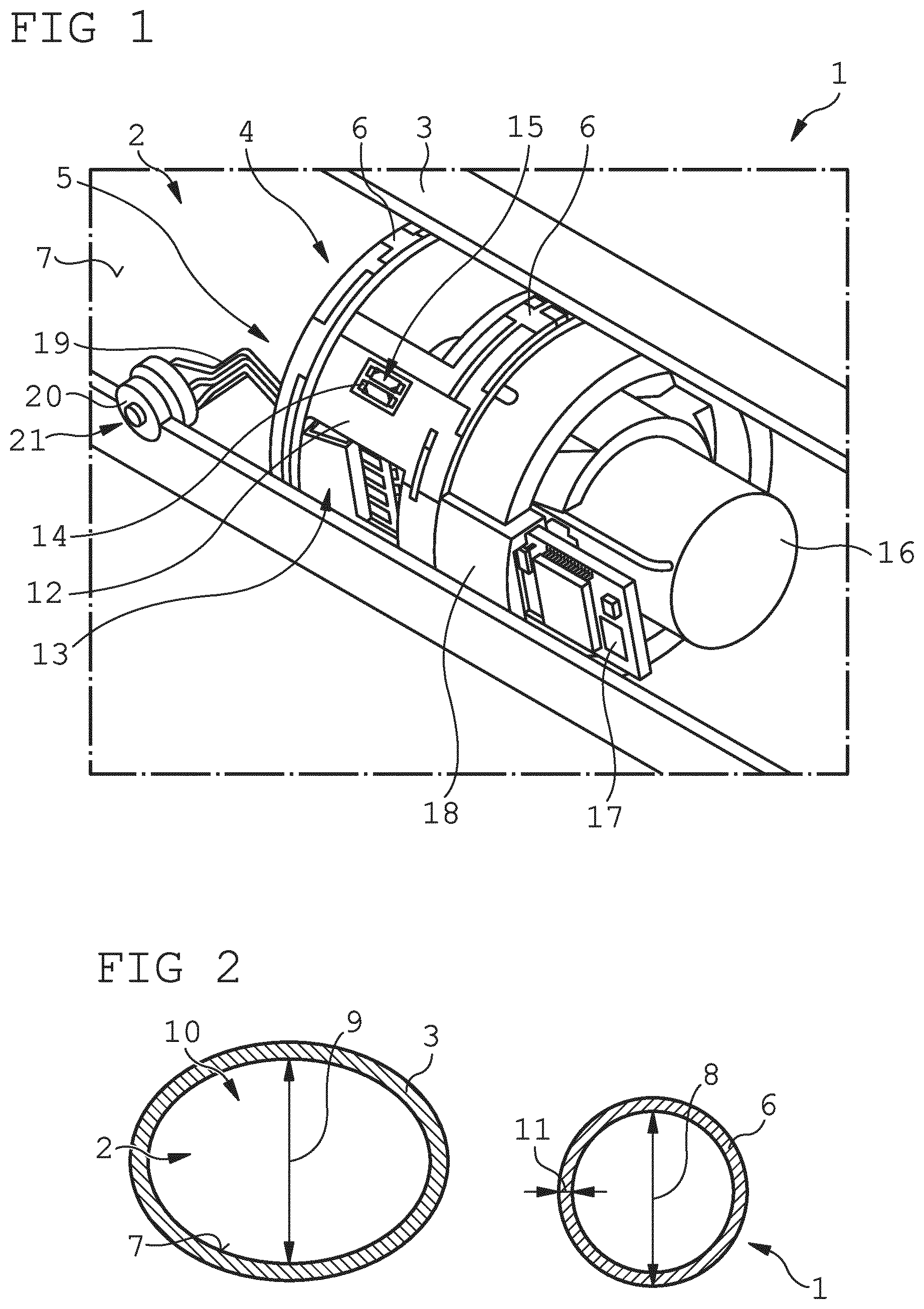 Patent US12339186 Figure 1 – Measuring device for arranging in a cylindrical interior section of a hollow body