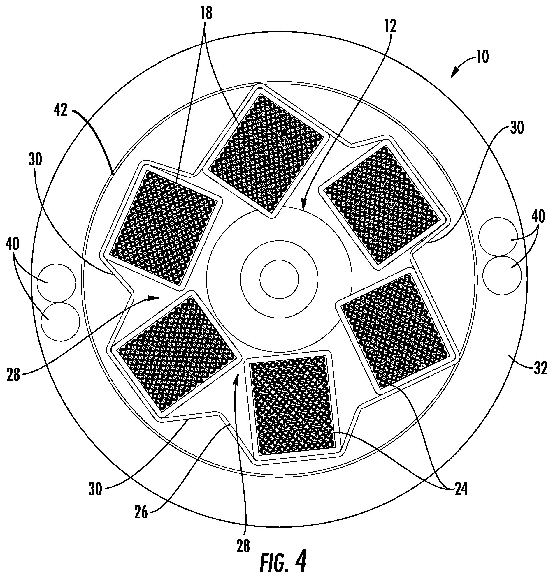 Patent US12339507 Figure 4 – SZ stranded tight-buffered ribbon stacks with binder film