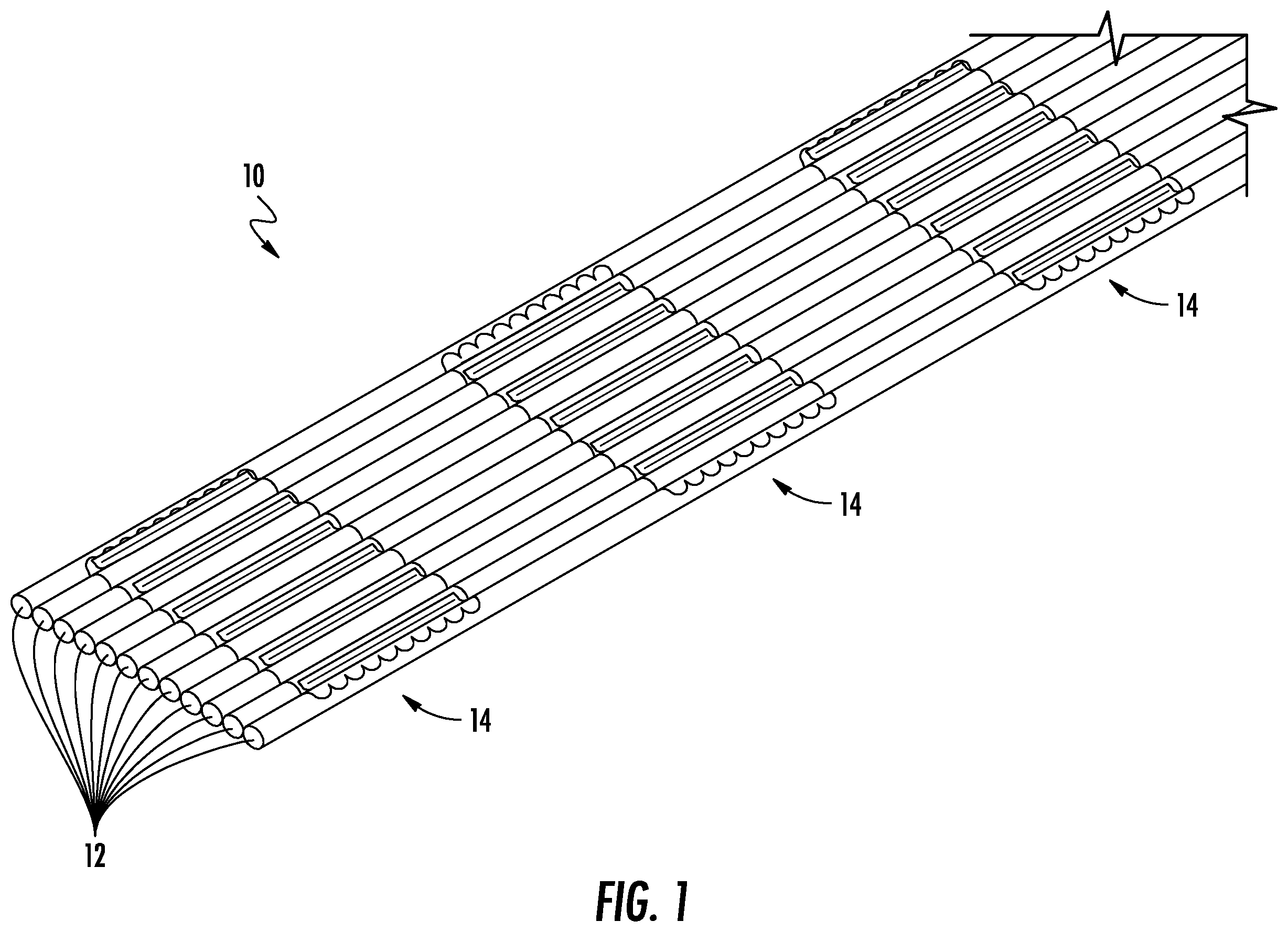 Patent US12339512 — Intermittently bonded ribbon having bonding regions with multiple materials — Figure 1