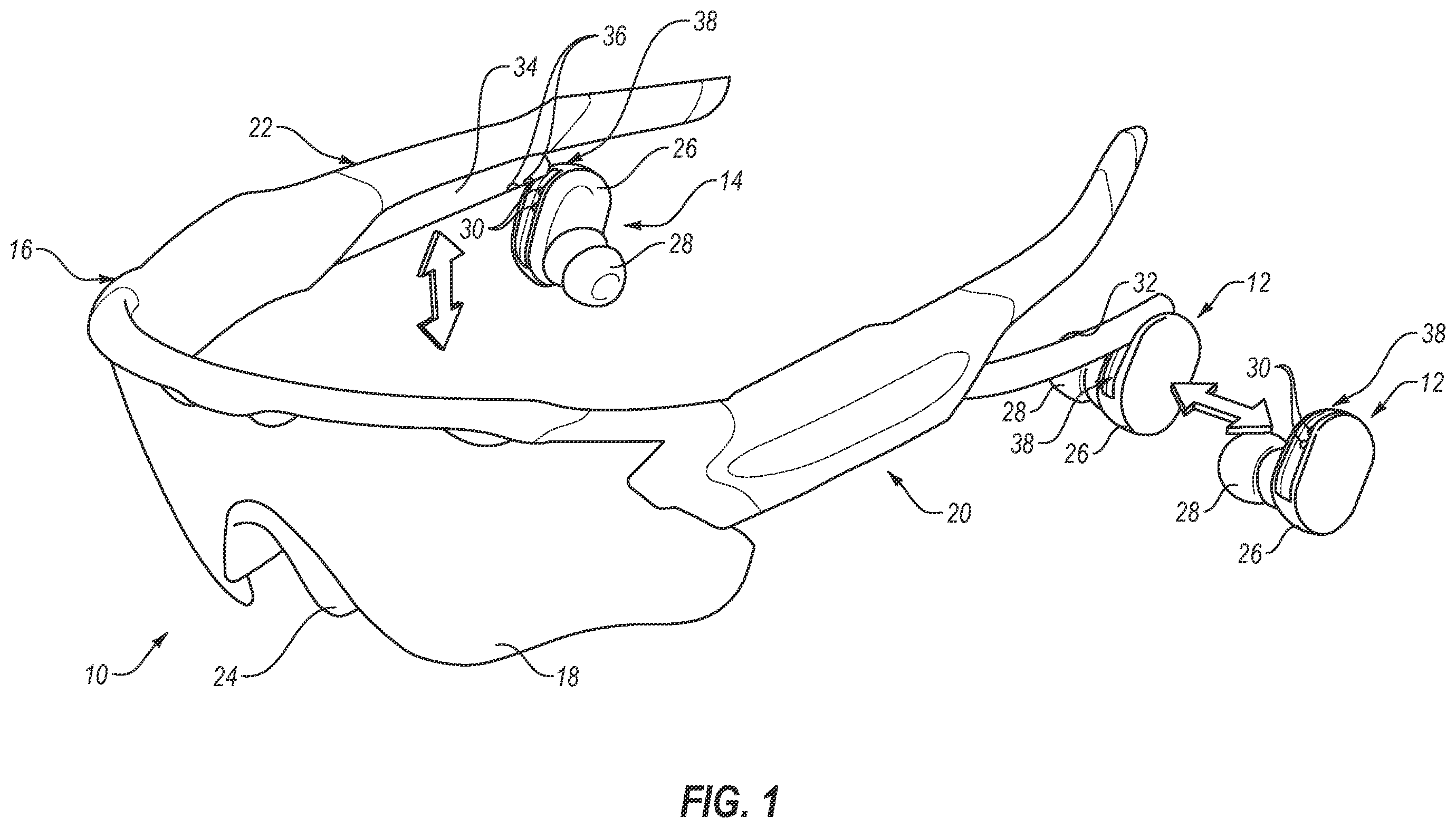 Patent US12339521 — Eyeglasses with associated true wireless earbuds — Figure 1