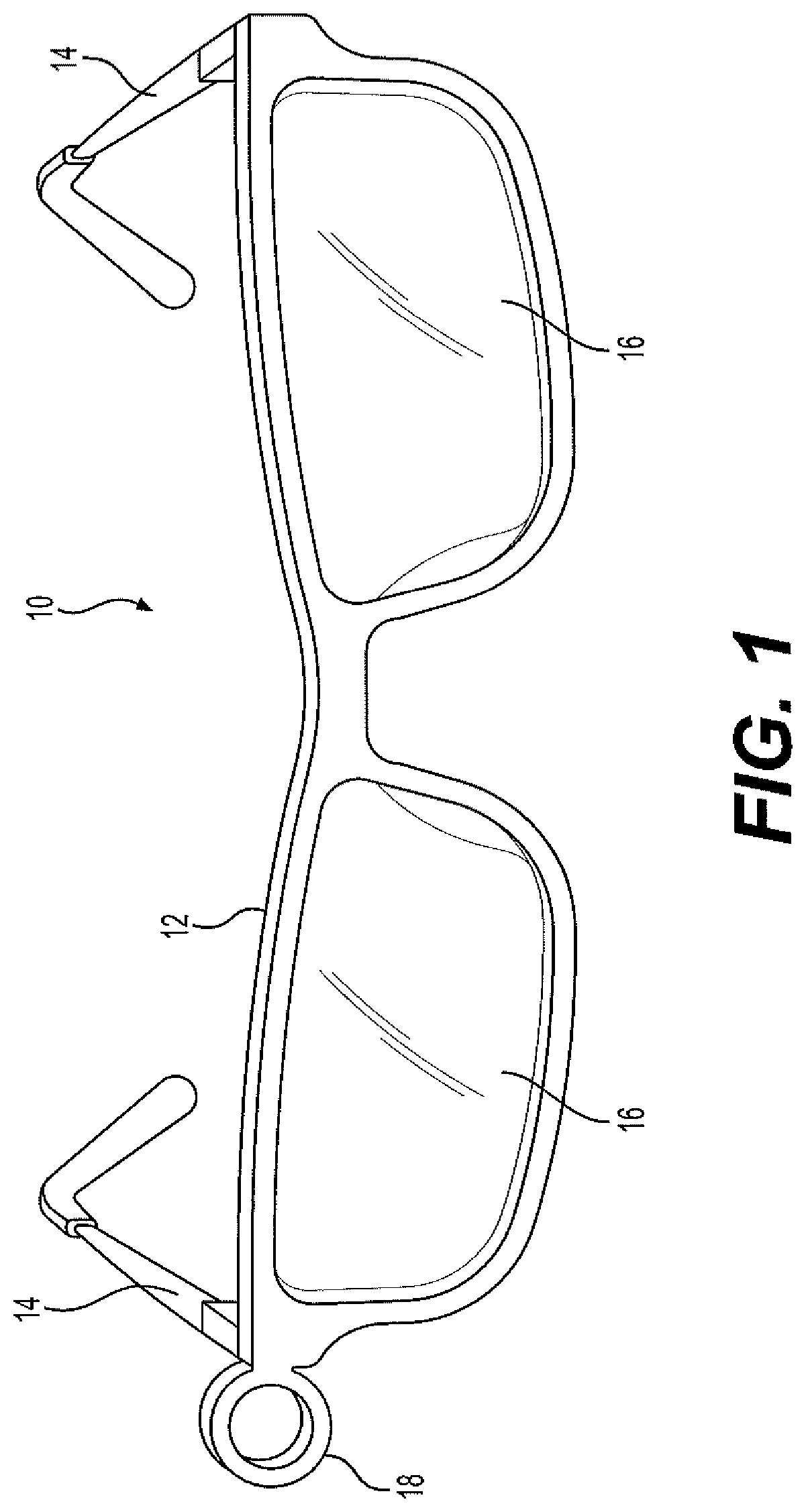 Patent US12339523 — Eyewear with water proof parts and anti-fog lenses — Figure 1