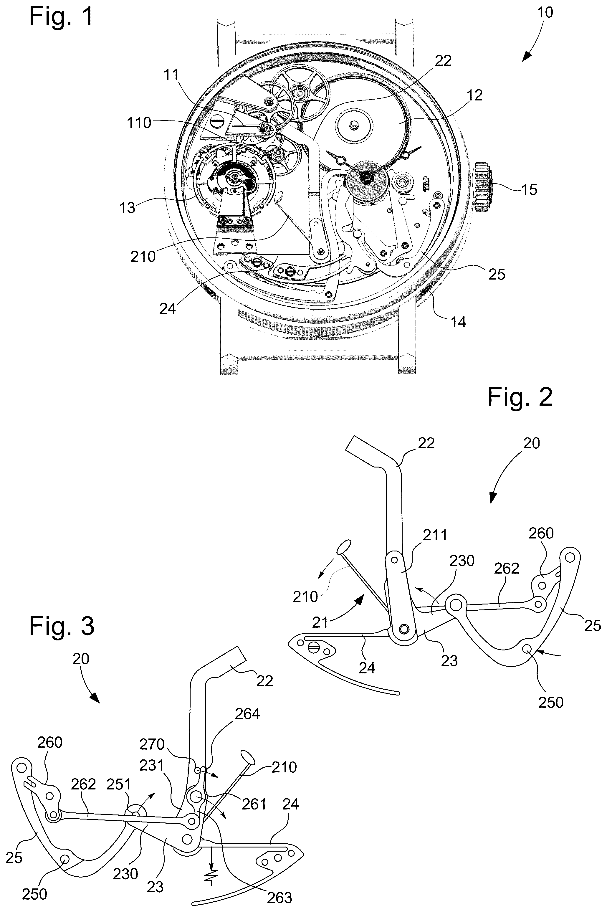 Patent US12339624 Figure 1 – Horological movement comprising a stop-seconds function that can be operated from two separate actuating members