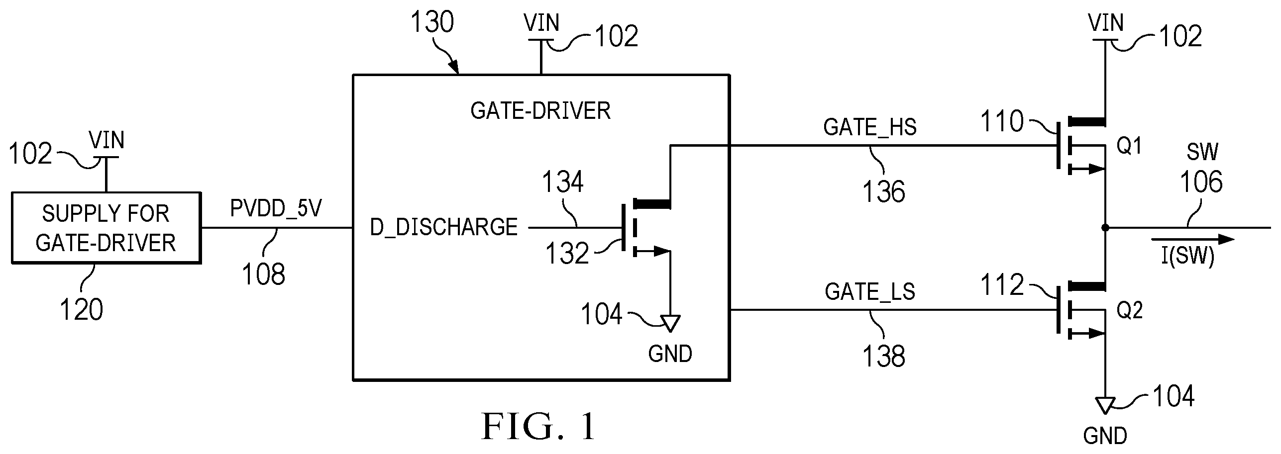 Patent US12339693 — Circuit and system for actively discharging a power stage input node during power supply turn-on — Figure 1