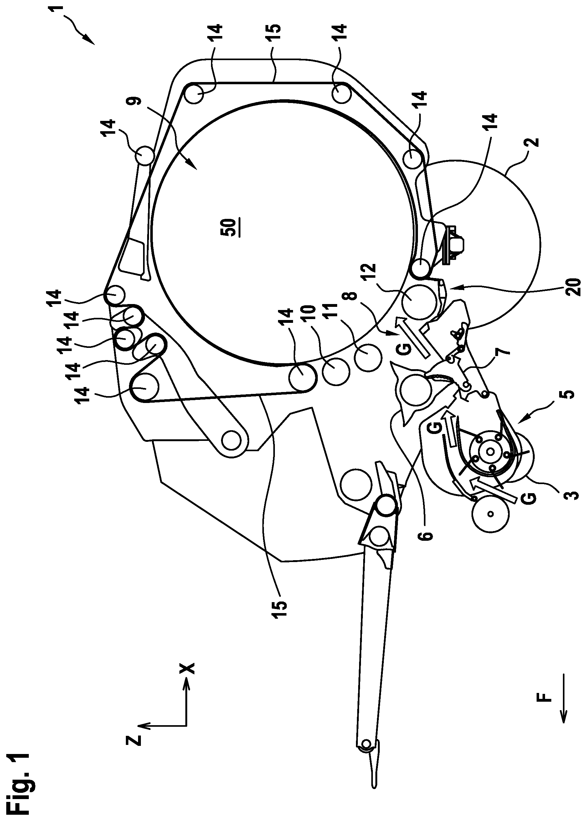 Patent US12342762 — Round baler with starter roll and elastically deflectable deflector element — Figure 1