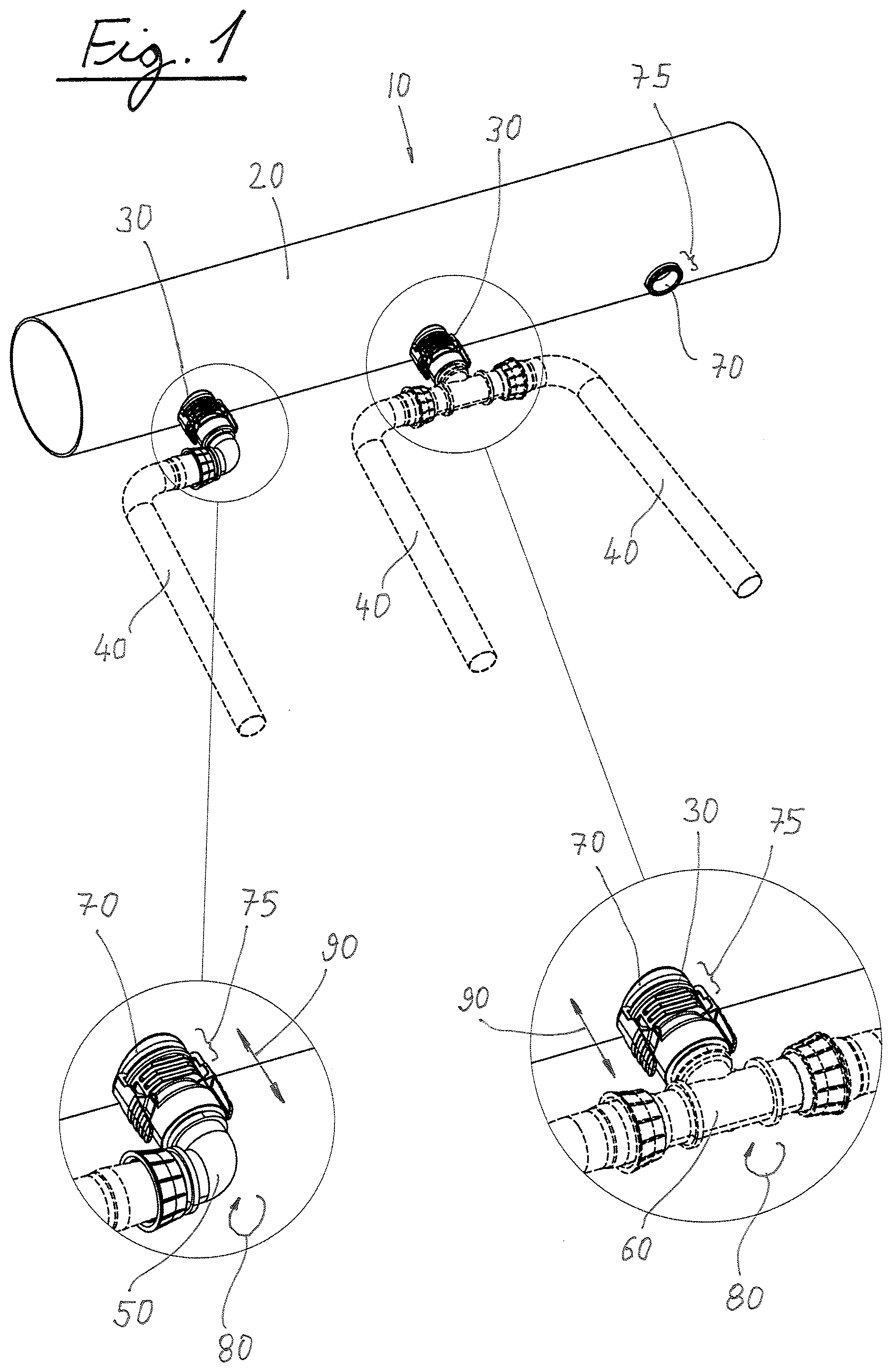 Patent US12342765 — Drip irrigation lateral connector to feeder pipe — Figure 1