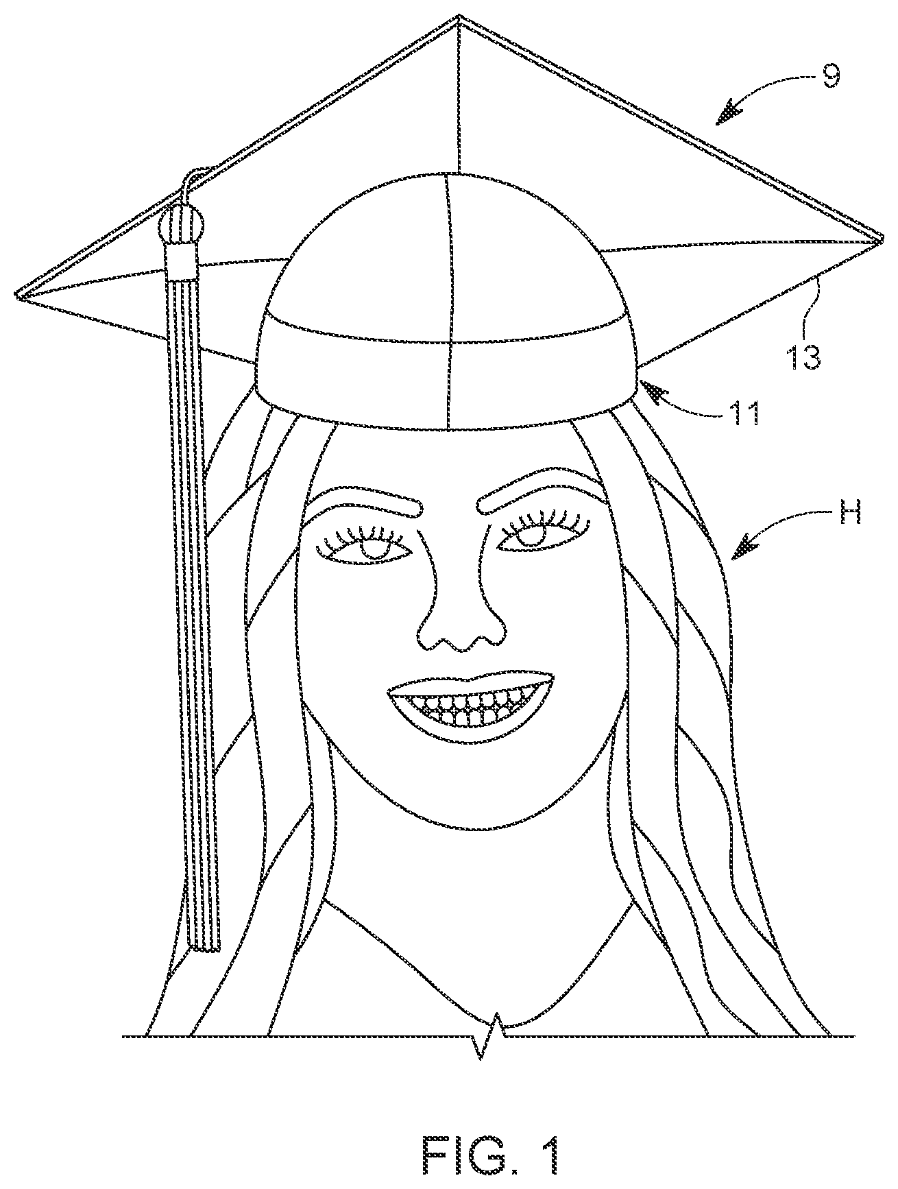 Patent US12342892 — Adhesive clip for attaching headband to graduation cap — Figure 1