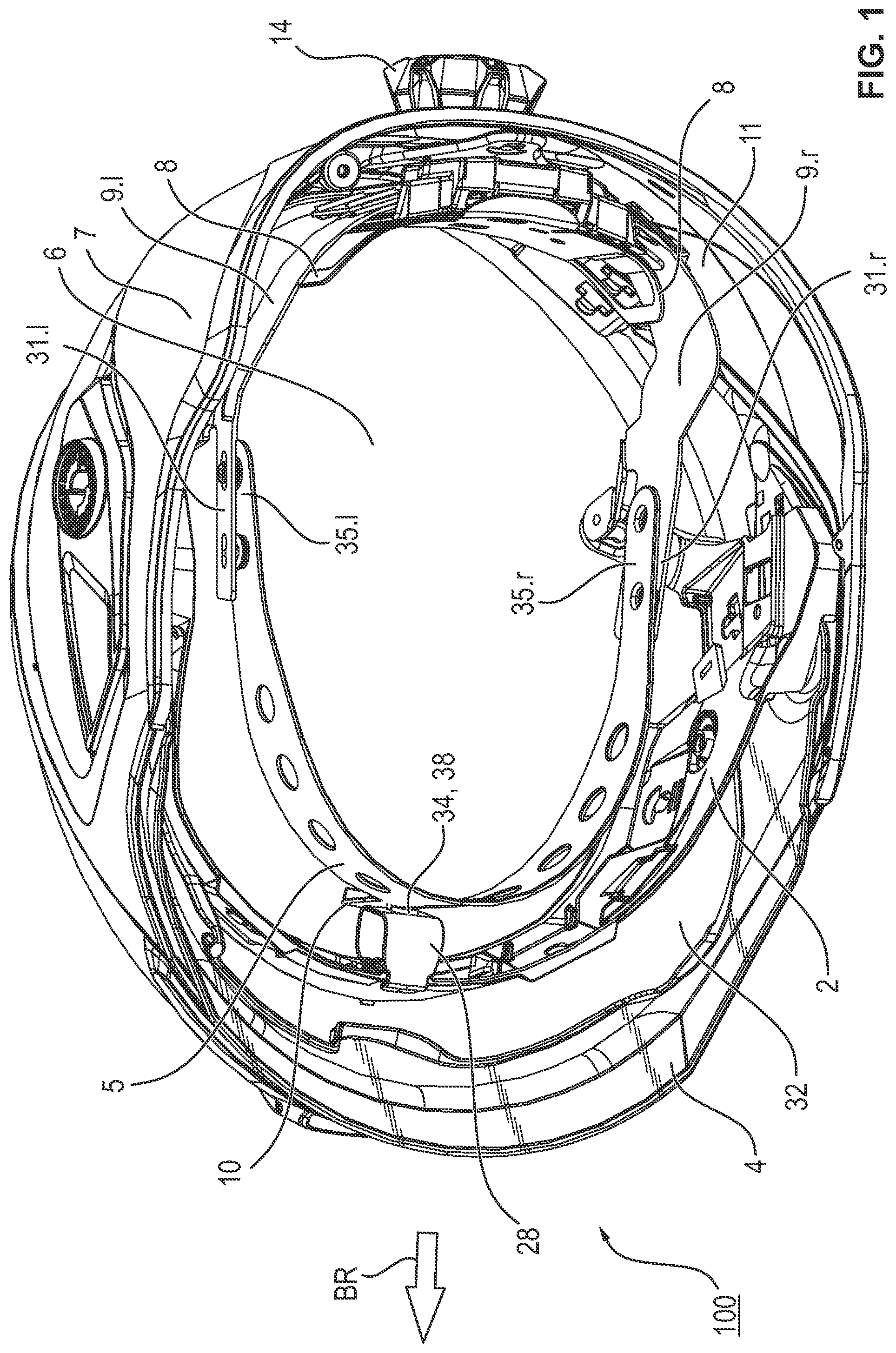 Patent US12342898 — Safety helmet with a sheathed bearing element, process for removing the sheathing from the safety helmet and process for manufacturing such a safety helmet — Figure 1