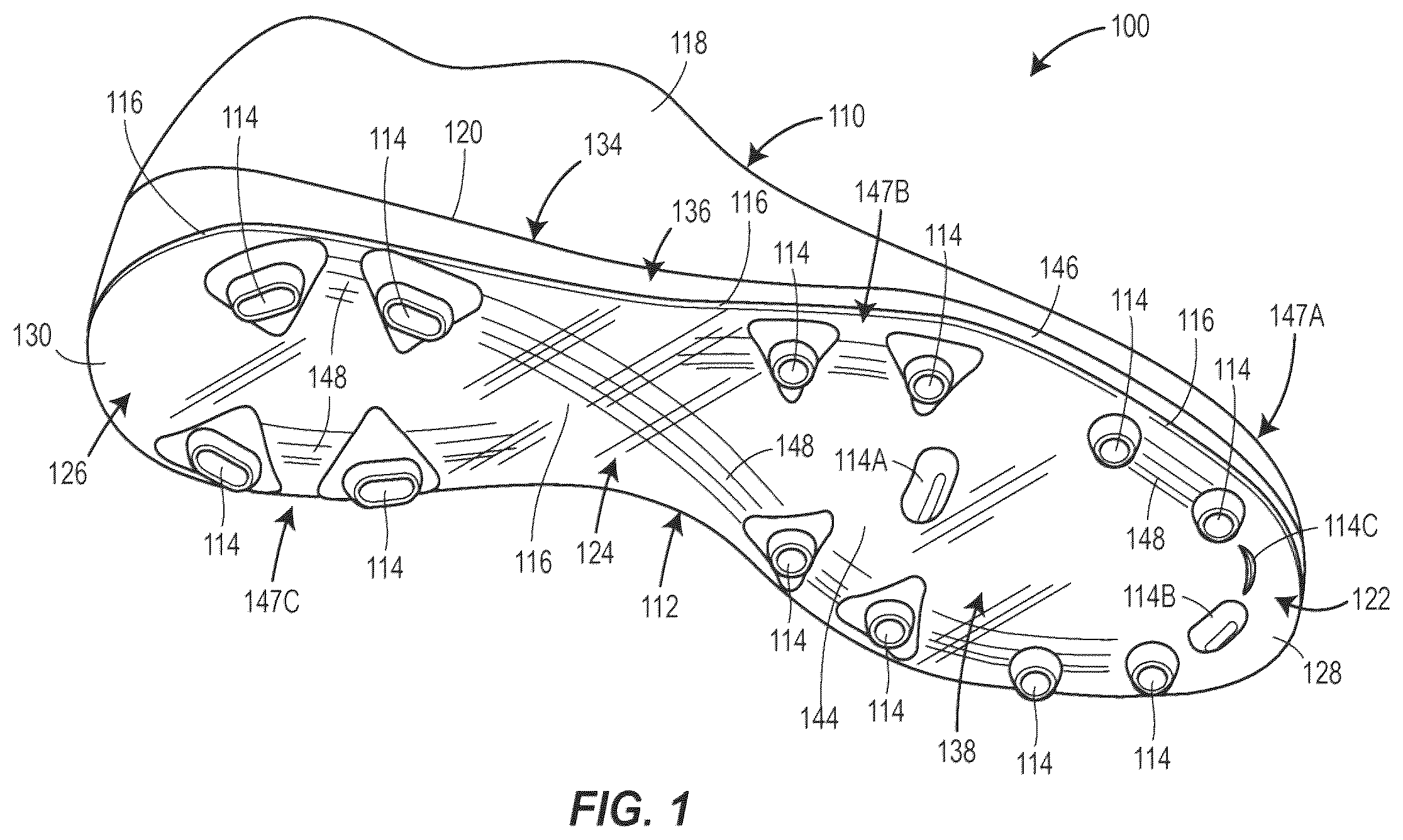 Patent US12342900 — Article of footwear with soil-shedding performance — Figure 1