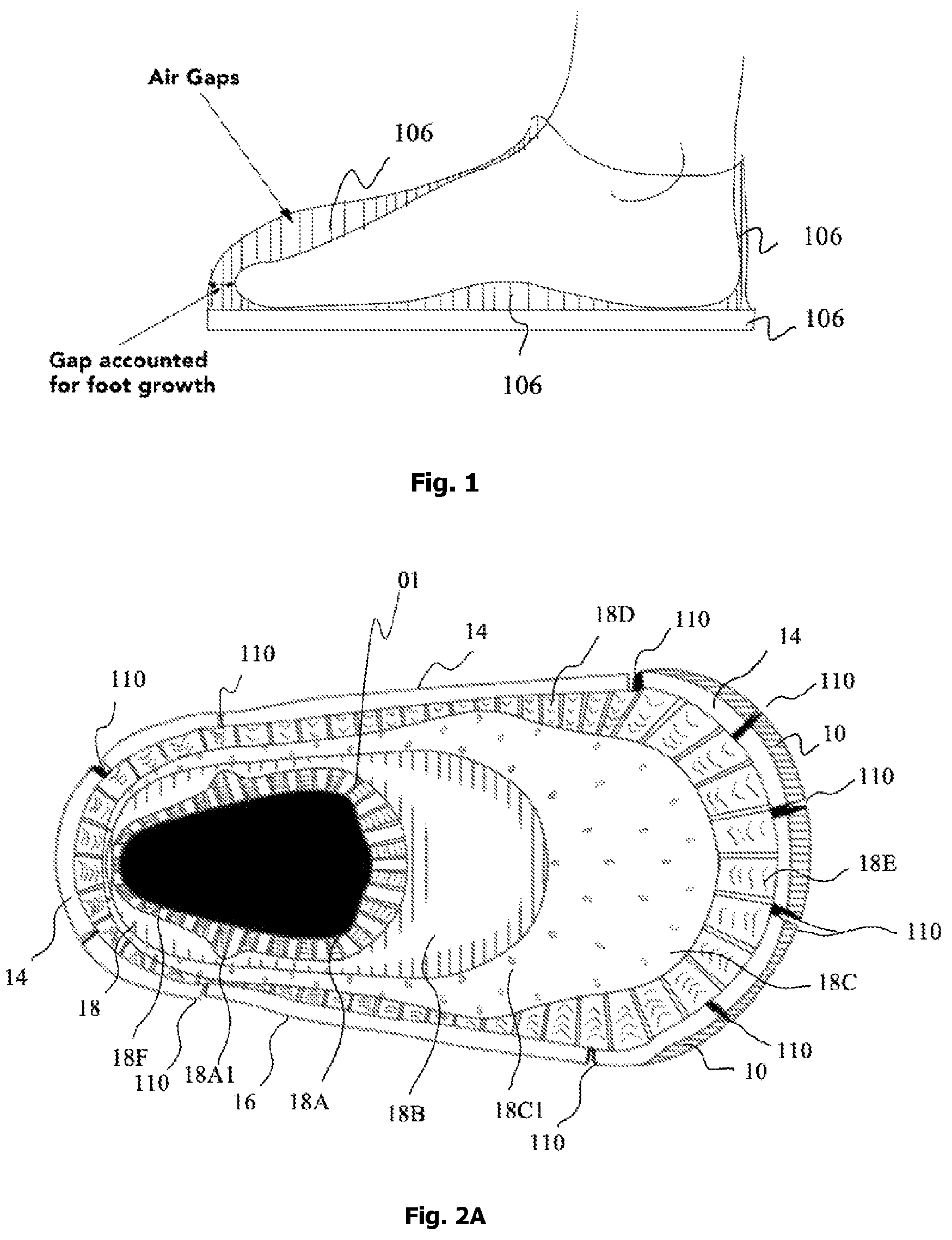 Patent US12342905 Figure 1 – Expandable shoe capable to grow with a wearer/user's feet for more than three sizes