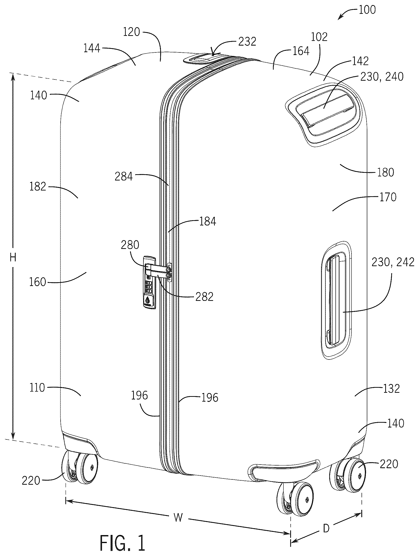Patent US12342914 — Luggage article split along front and rear major faces — Figure 1