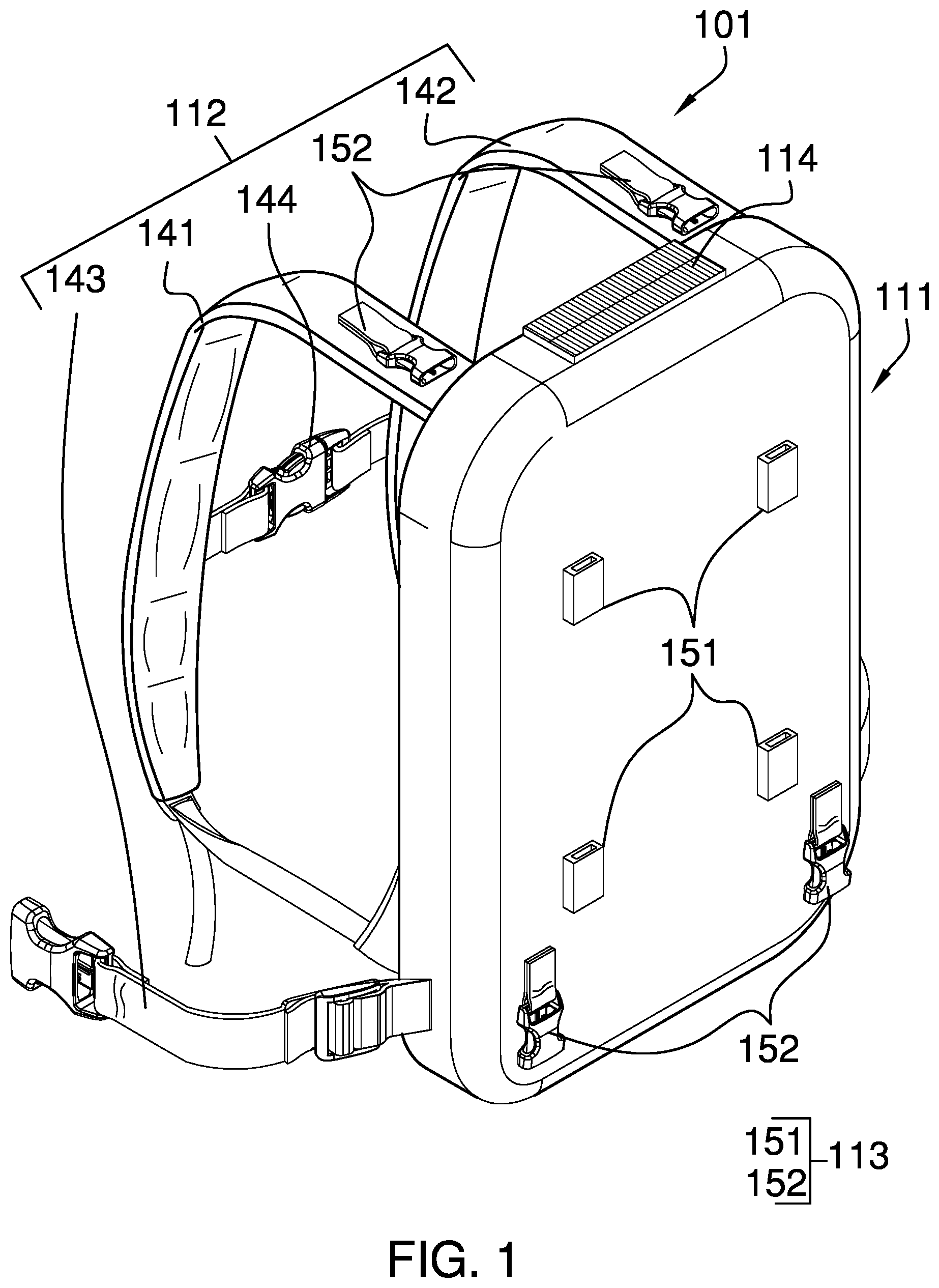Patent US12342926 — Modular backpack and harness system — Figure 1