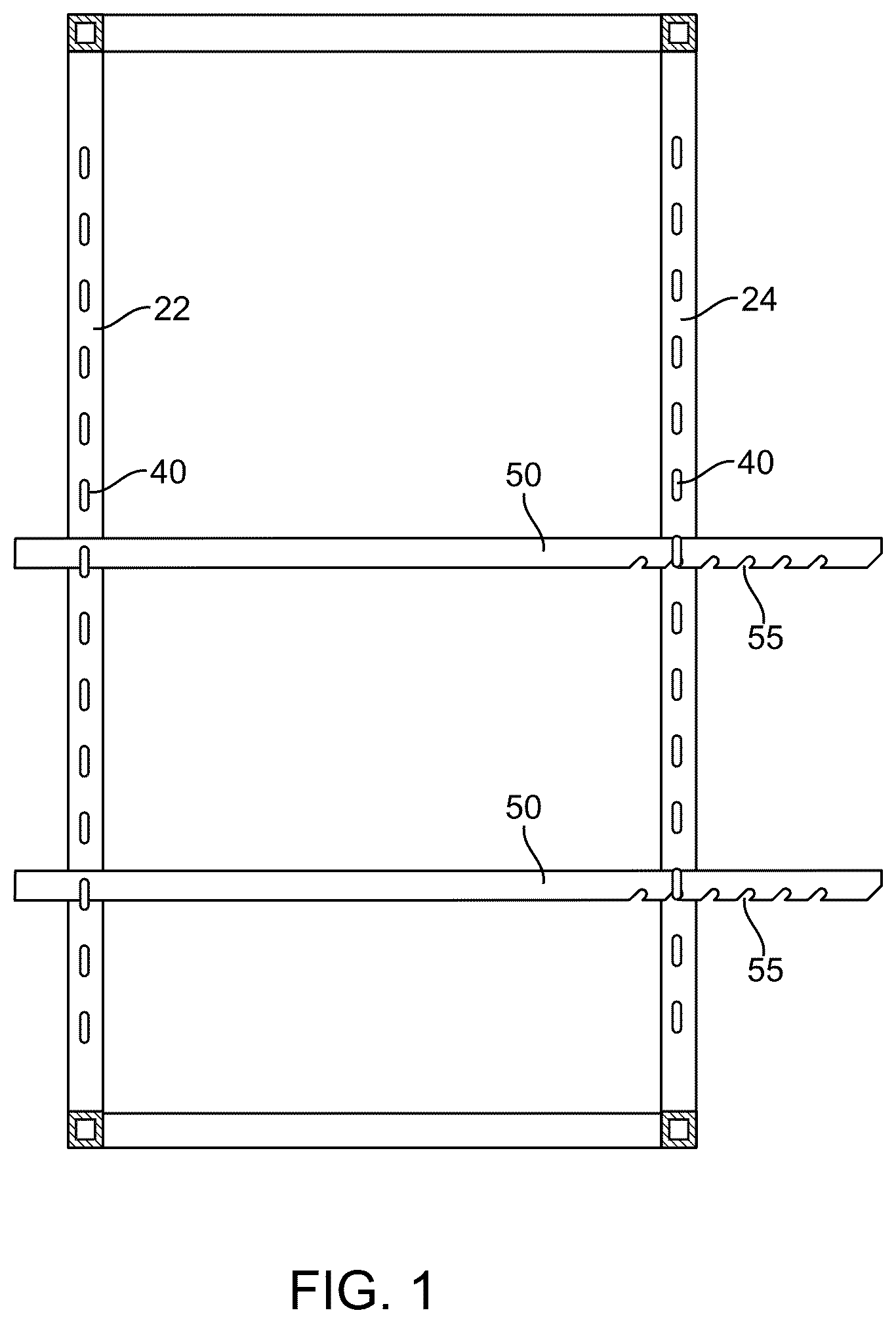 Patent US12342933 Figure 1 – Tilting and sliding system for a shelf having side support rails receivable between shelf supports in vertical posts