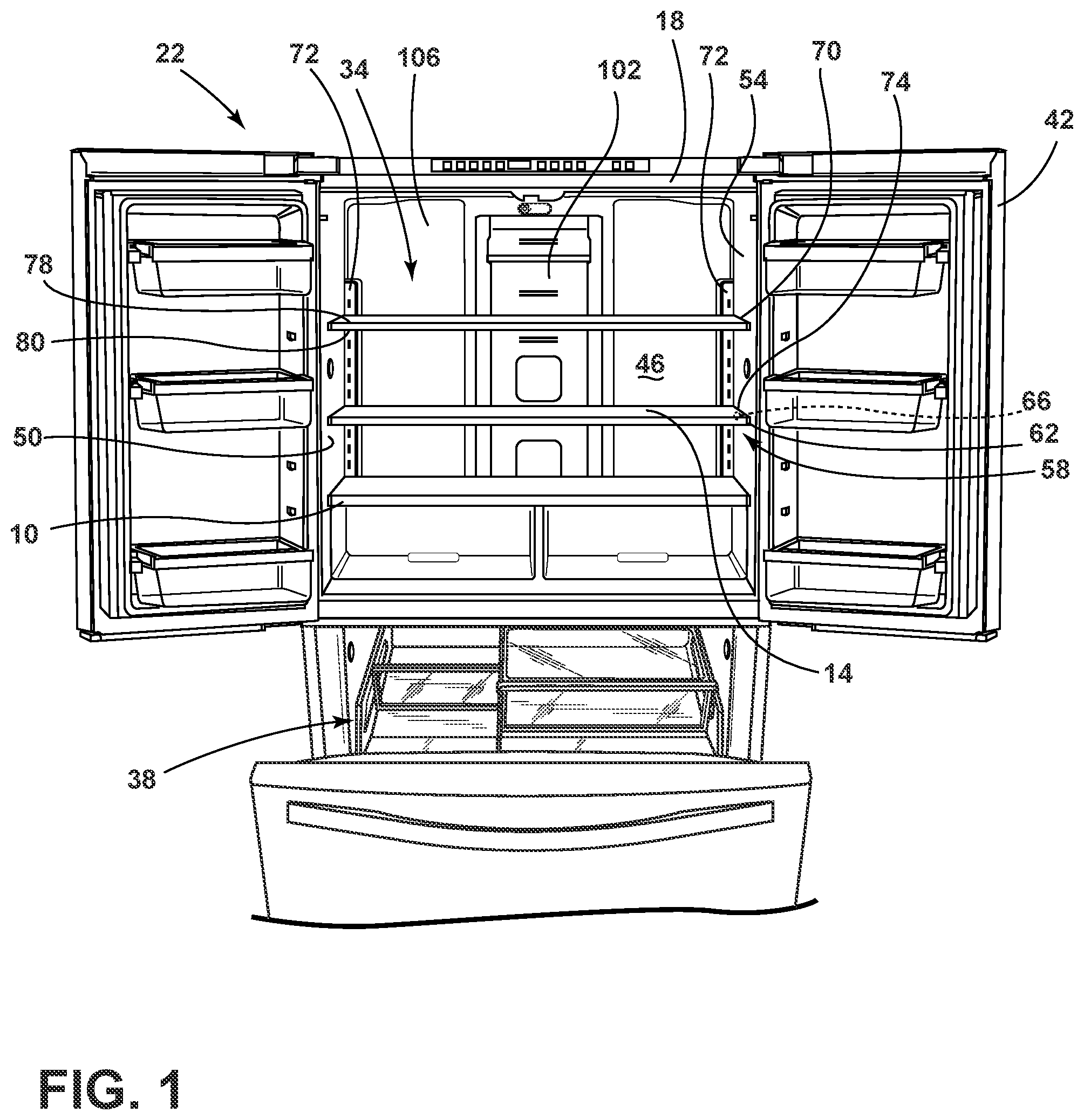 Patent US12342938 Figure 1 – Trim assembly for an appliance shelf