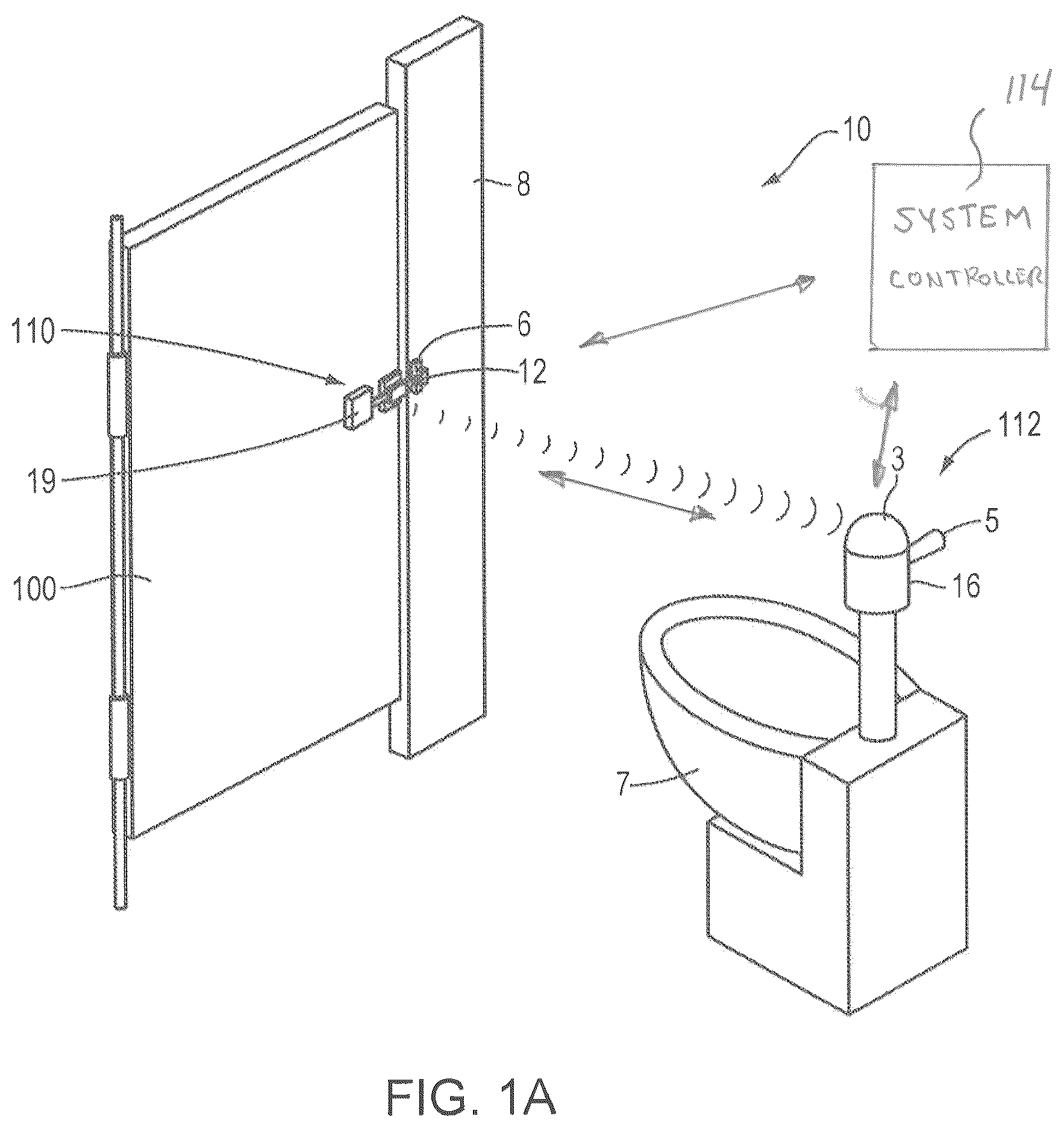 Patent US12345036 Figure 1 – Programmable toilet flush initiating, monitoring and management system and method thereof