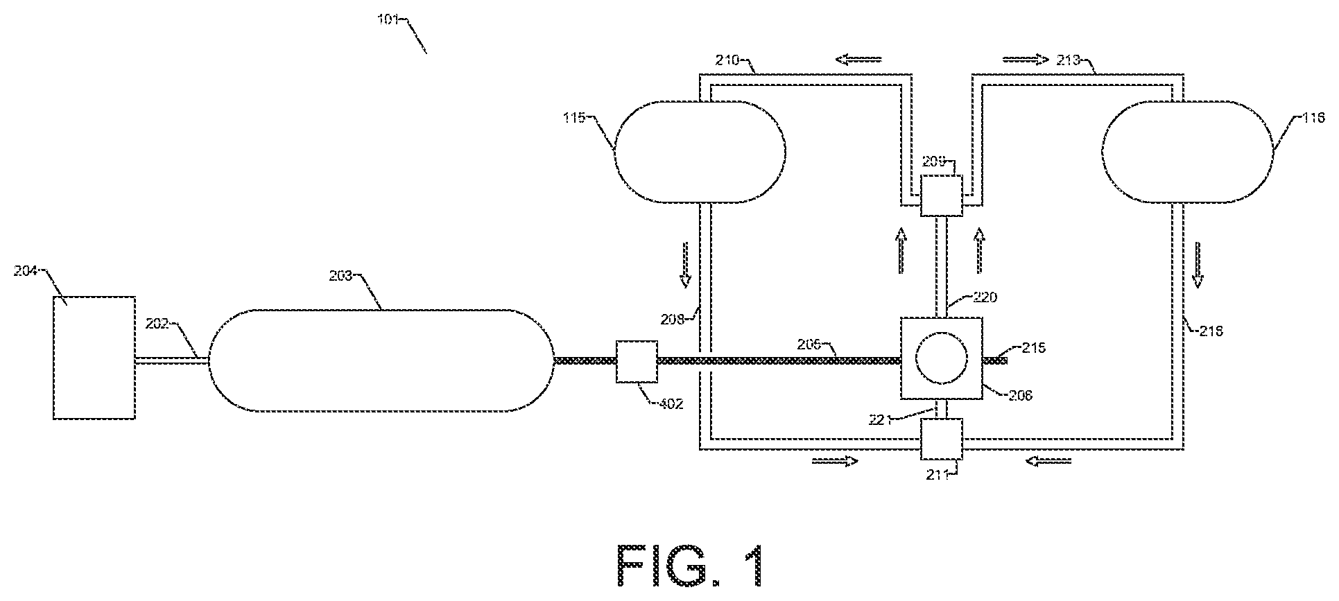 Patent US12345238 — Apparatus and method to utilize compressed air for moving mass between tanks — Figure 1