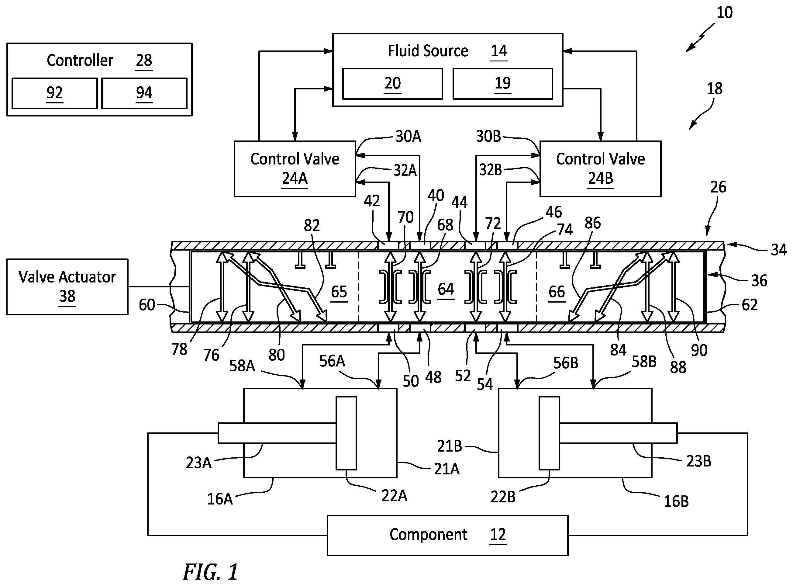 Patent US12345280 — Fluid system with multi-mode transfer valve — Figure 1